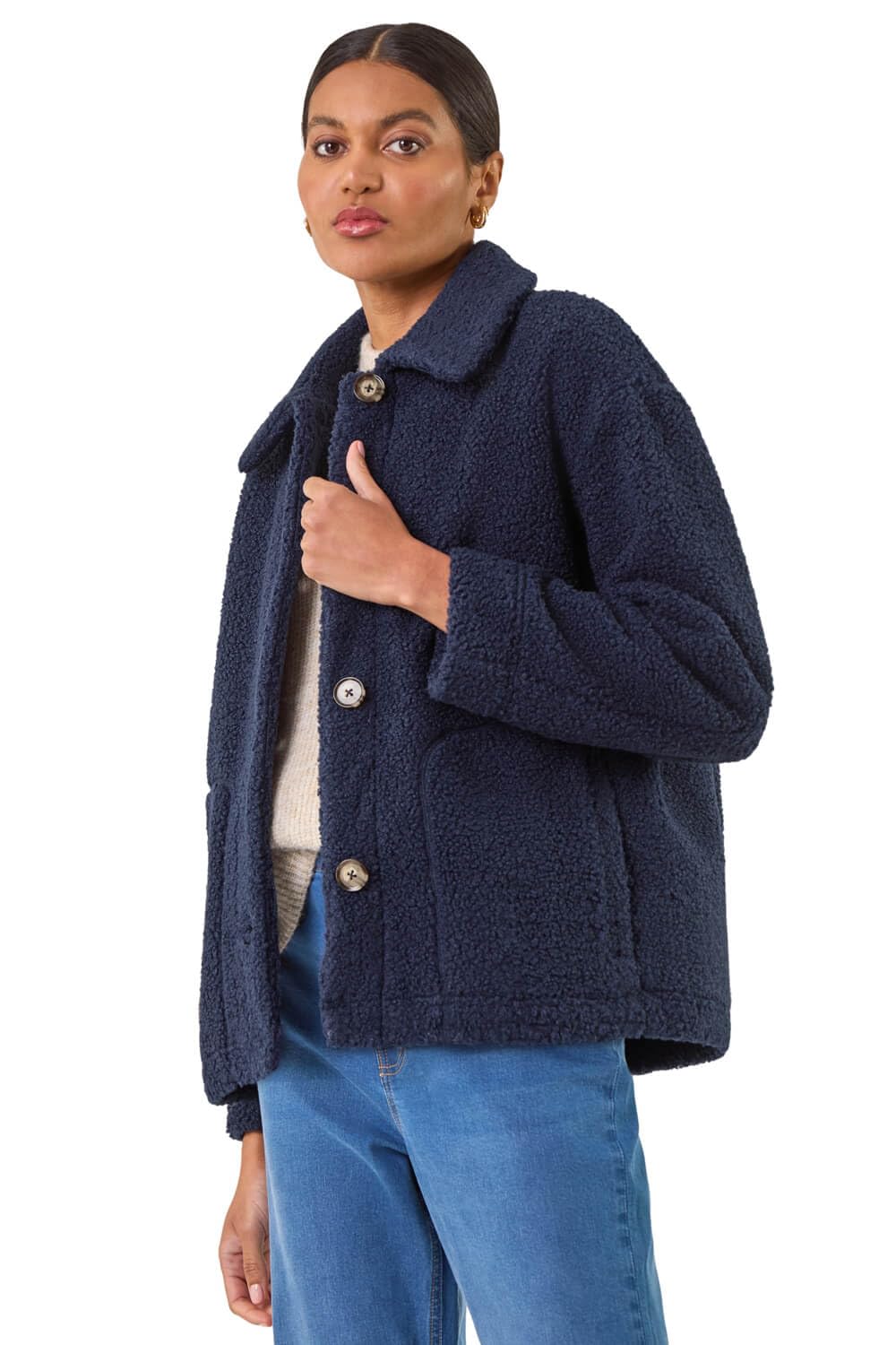 Roman Women's Navy Collared Borg Fleece Jacket In | Size: 18