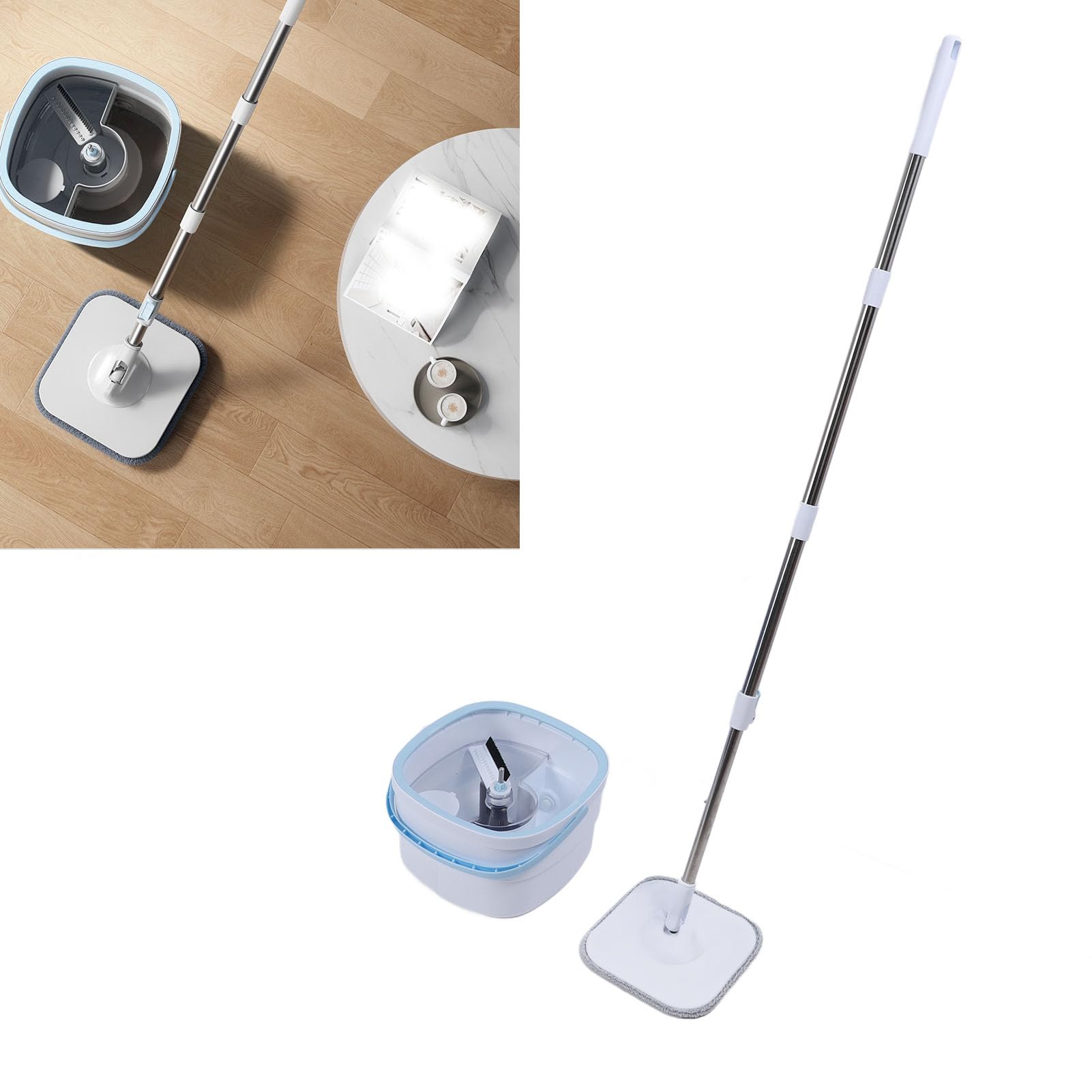 Juego de Fregona y Cubo Giratorio con Autoseparación de Agua Sucia, Cabezal de Fregona Cuadrado Giratorio de 360° para Limpiador de Pisos de Madera Dura, de Microfibra Súper Fina y Cubo con