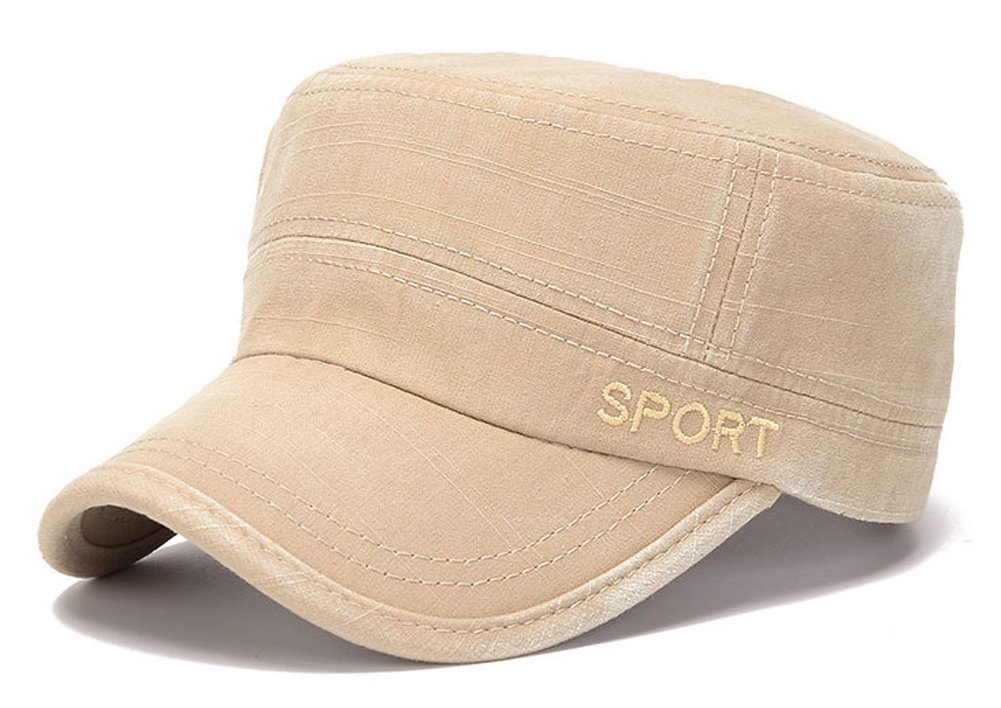 ChezAbbey Boy's Washed Cotton Solid Brim Flat Top Cap Army Cadet Style Distressed Hat Topee Peaked Cap