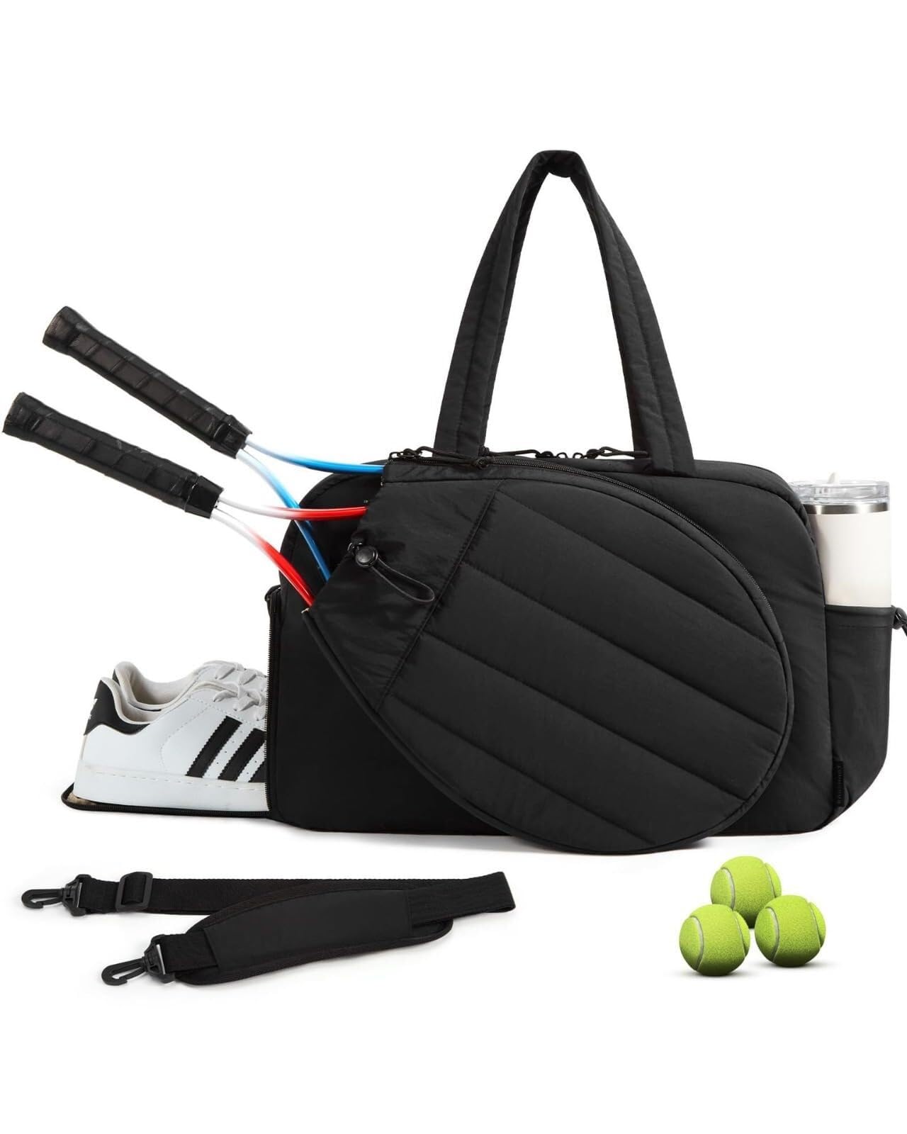 halkaount Tennis sports bag for women, tennis bag for 2 rackets, tennis racket shoulder bag with shoe compartment, waterproof sports bag organizer for travel, training, work, office(Schwarz)
