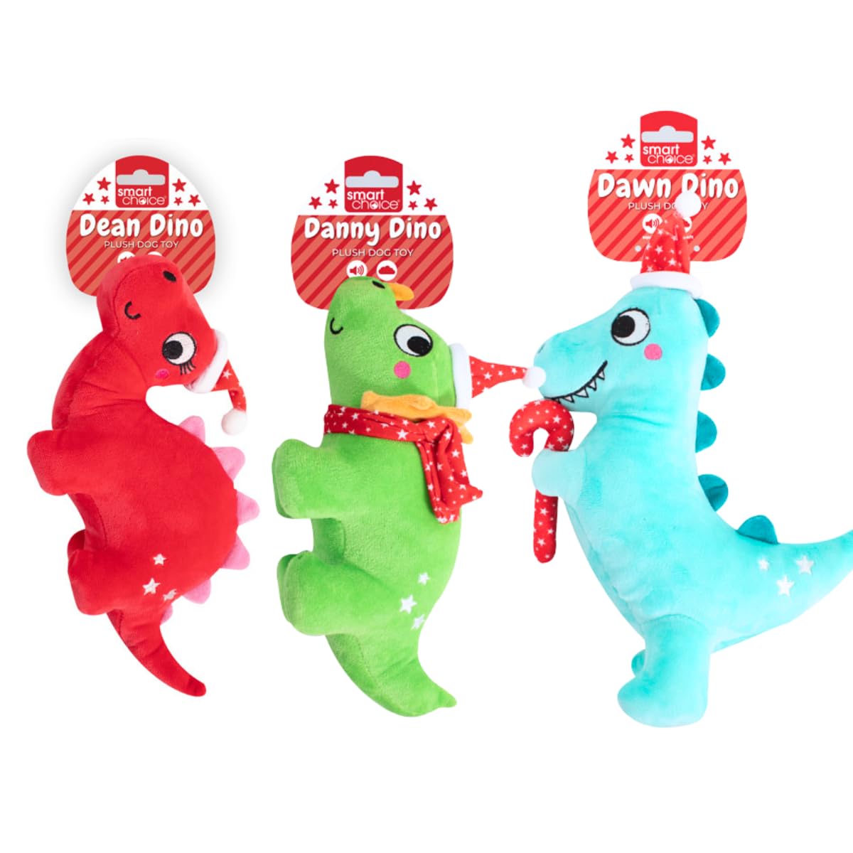 YöL Set of 3 Red Blue Green Dinosaur Christmas Themed Plush Dog Toy - Festive Pet Puppy Interactive Stimulating Play Time Contains Internal Squeaker Fetch Chew Cuddly Companion