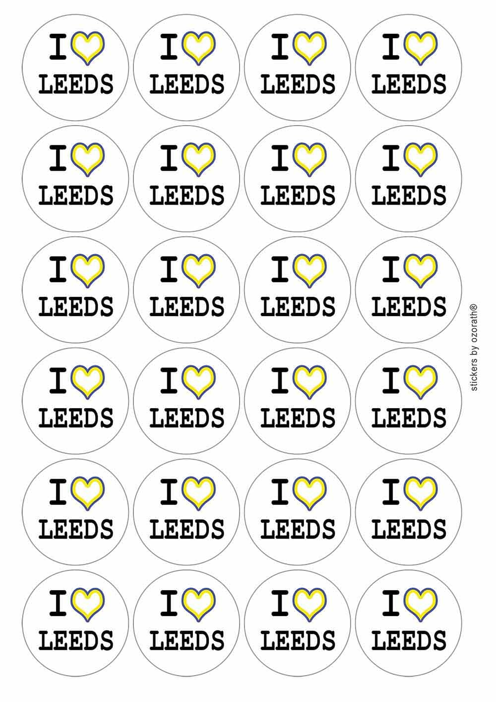I Heart Love Leeds Circular Matt Paper Stickers A4 Sheet of 24 (Each Sticker is 45mm Diameter)