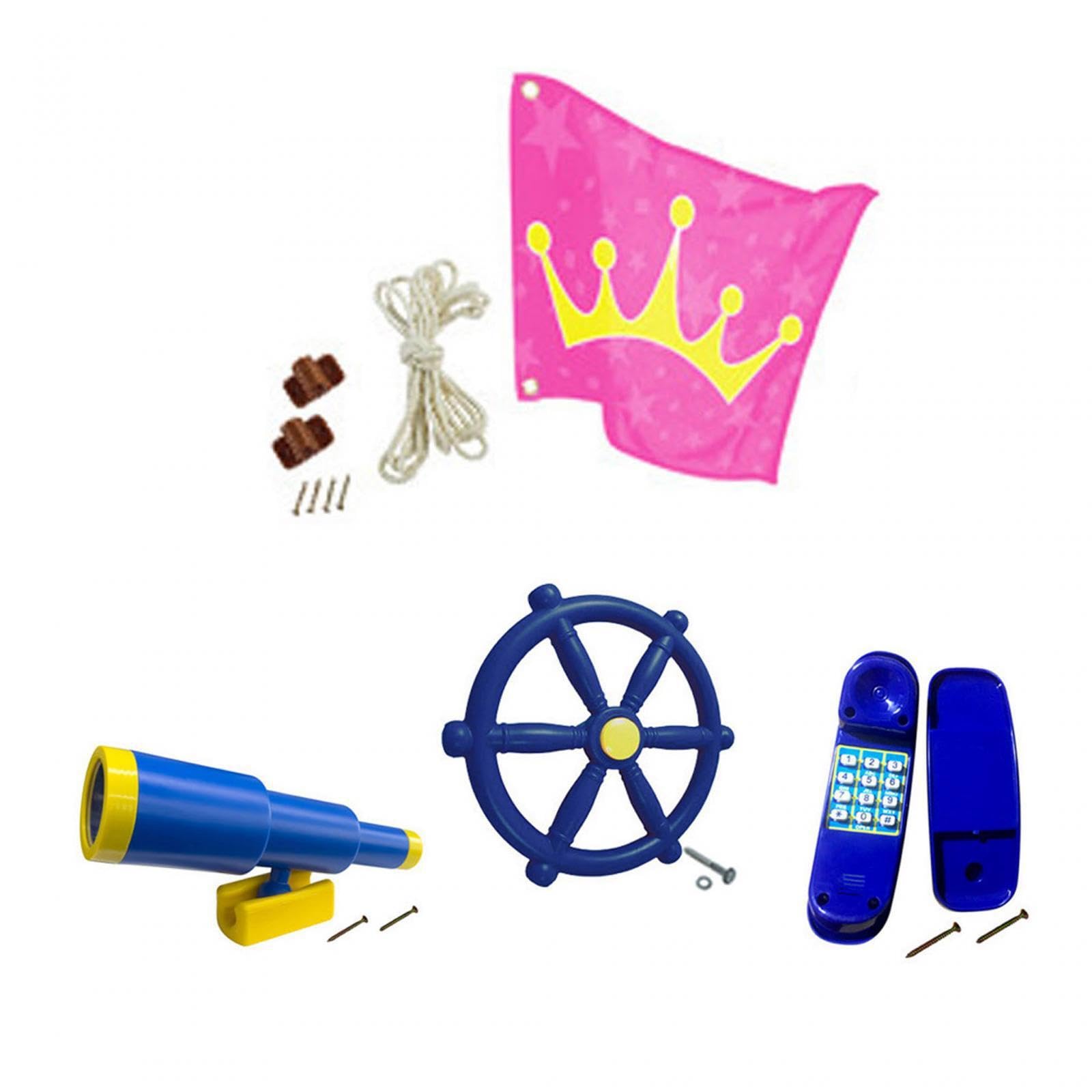 Spielplatzzubehör für Kinder, Outdoor Spaß im Garten: Piratenschiff Spielset mit Teleskop, Schaukel, Rad und Spielzone. Das Piratenschiff Spielset