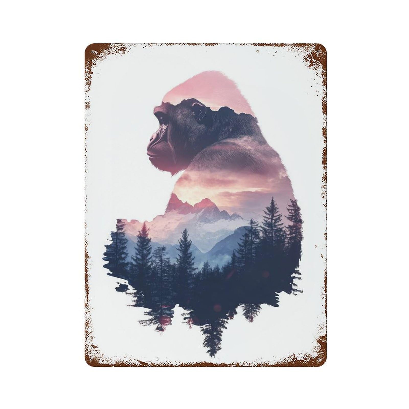 Gorilla Mountain Sunset Vintage Wall Sign 15.7"x11.8", Rust Effect Metal Decor for Basement, Hobby Room And Garage Decor