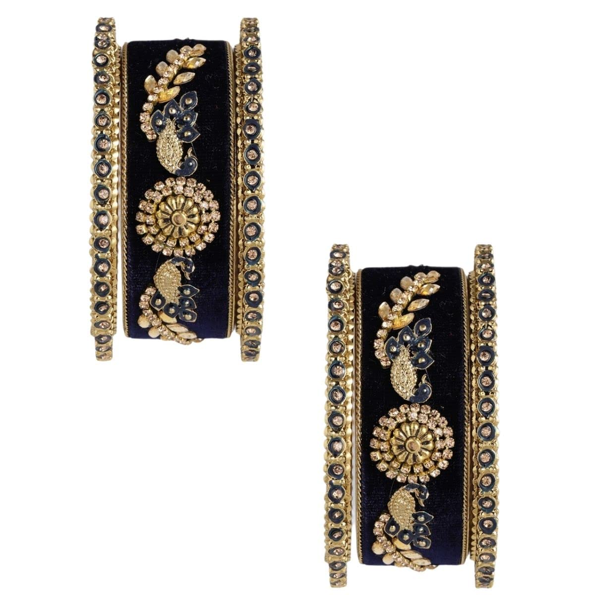 ACCESSHER Traditional Gold Plated Rhinestones and Ethnic Meenakari Embedded Peacock Design Blue Velvet Bangles/Bridal Chooda Set of 6 for Women and Girls (2.6) (B0BS9B8WY2) Amazon Price History, Amazon Price Tracker