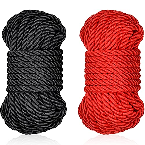 32 Feet Braided Twisted Silk Ropes 8mm Diameter Soft Solid Braided Twisted Ropes Decorative Twisted Satin Shiny Cord Rope for Most Purpose and DIY Craft (Black, Red,2 Pieces)