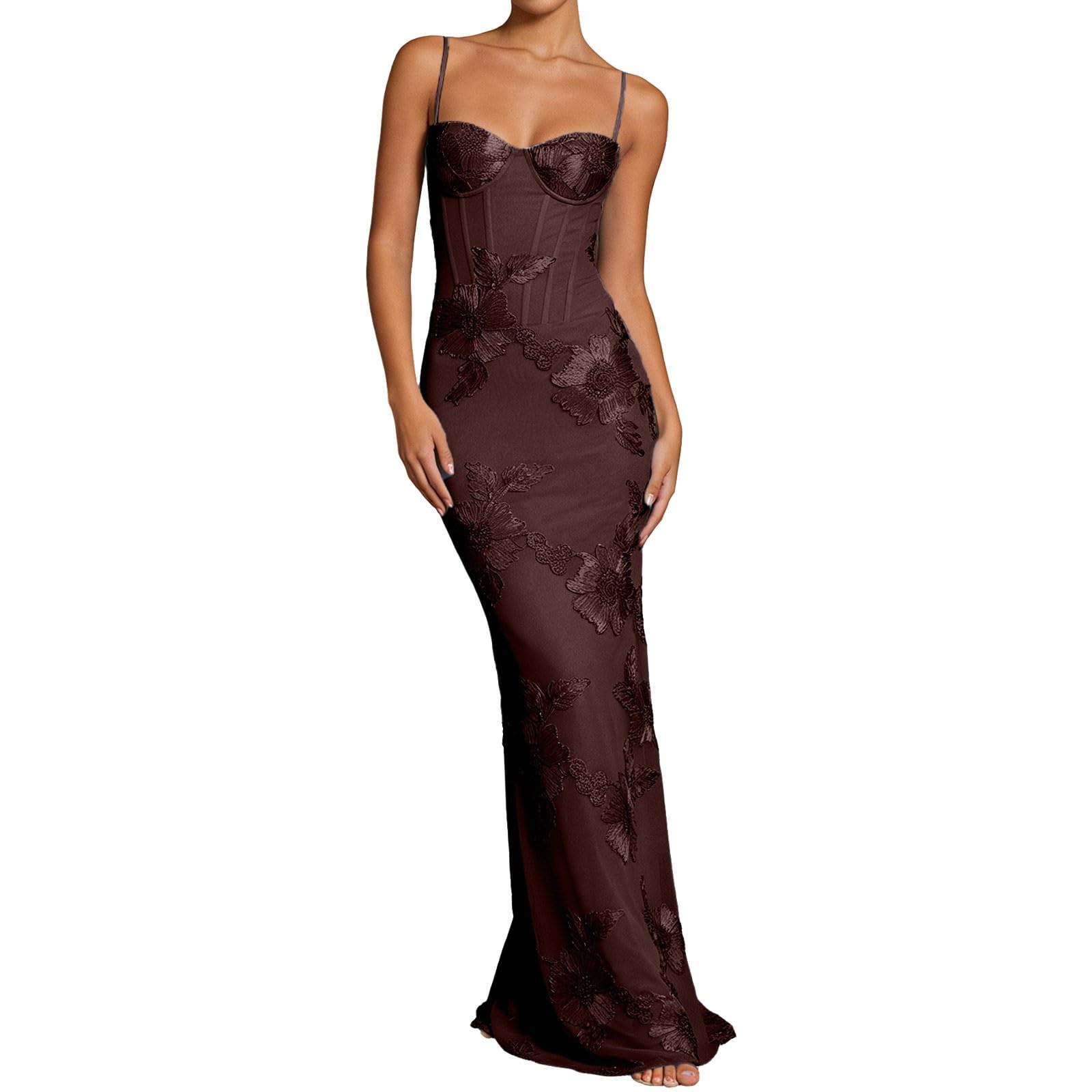 Maxi abito da donna, aderente in pizzo, tinta unita, spalline sottili, senza maniche, schiena scoperta, orlo a coda di pesce, taglia S, M, L, XL