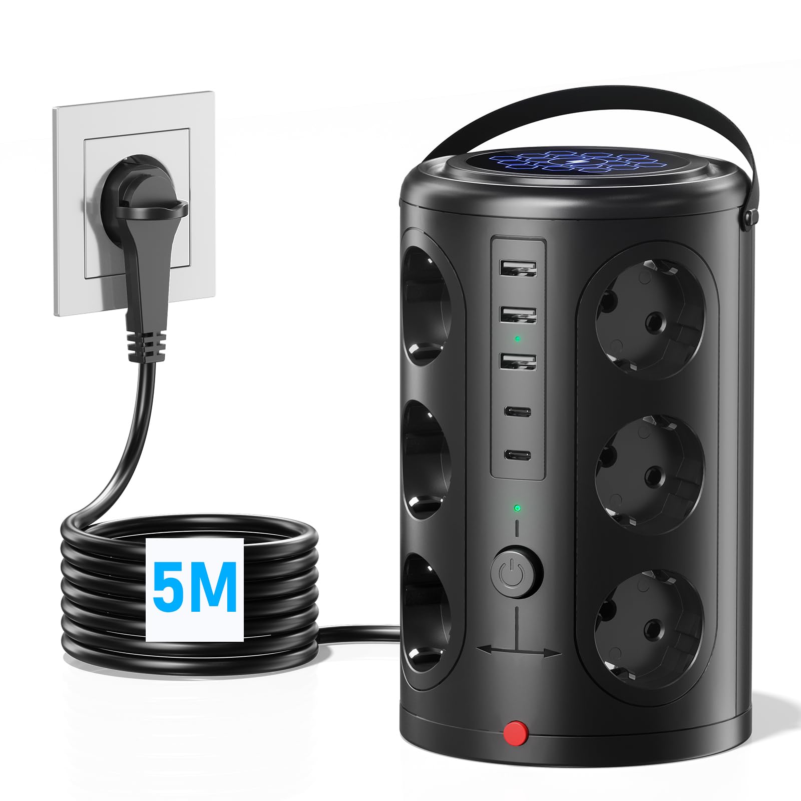 Presa multipla con 5 USB, 12 prese, con protezione da sovratensione, cavo di prolunga da 5 m, spina multipla per casa, ufficio, colore nero