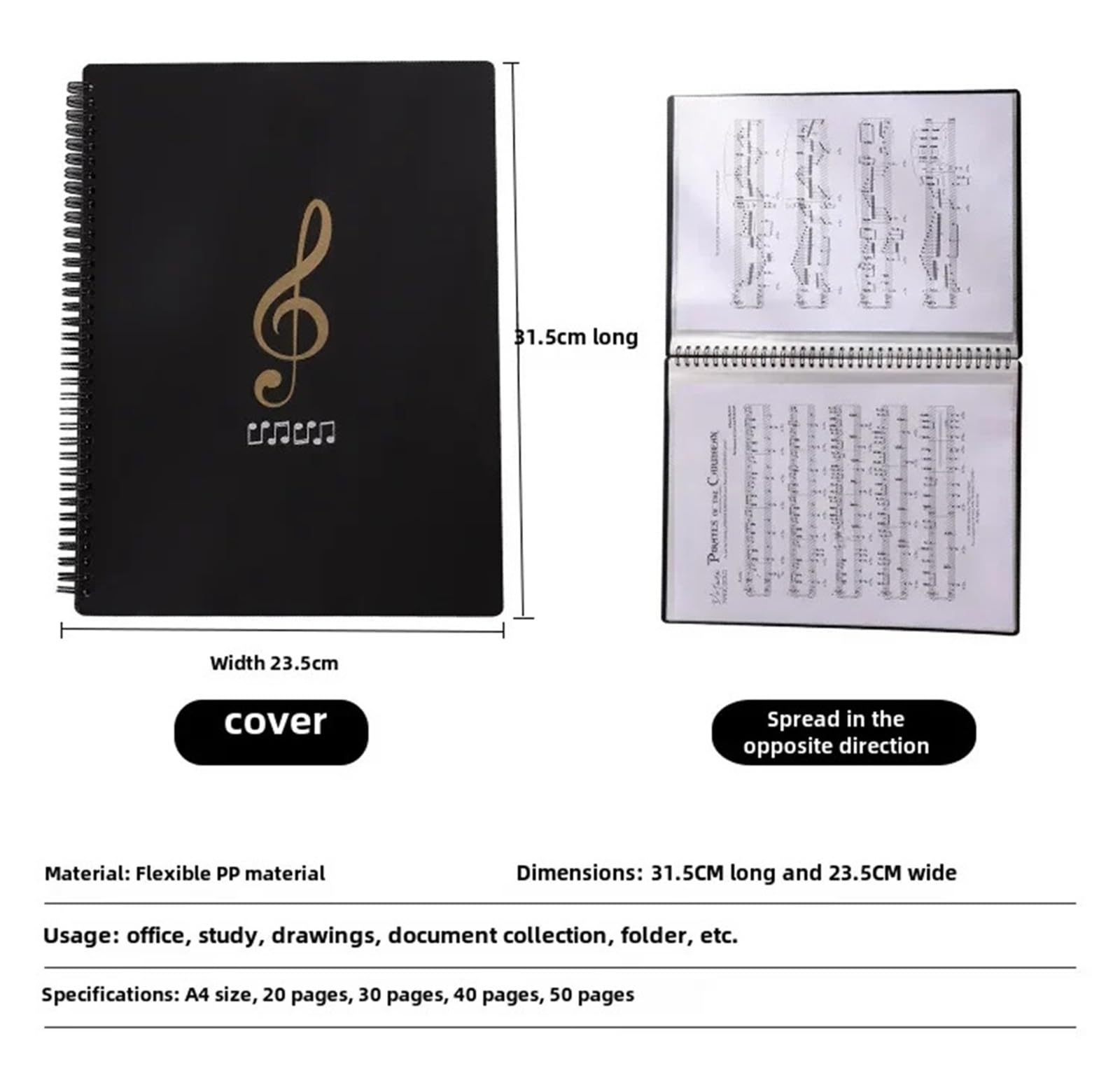 Carpeta de partituras música A4 transparente multicapa para Partituras, Archivos(Black A 50pages)