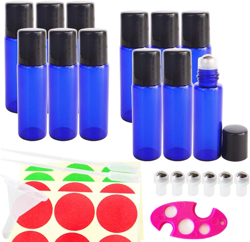 GreatforU 12Pack 5ml Blue Empty Glass Roll-on Bottles w/ Stainless Steel Balls for Essential Oil Perfume with free 0.5ml Dropper, Mini Funnel, Bottle Key Opener, Extra 6 Roller Balls, 24 Pieces Labels