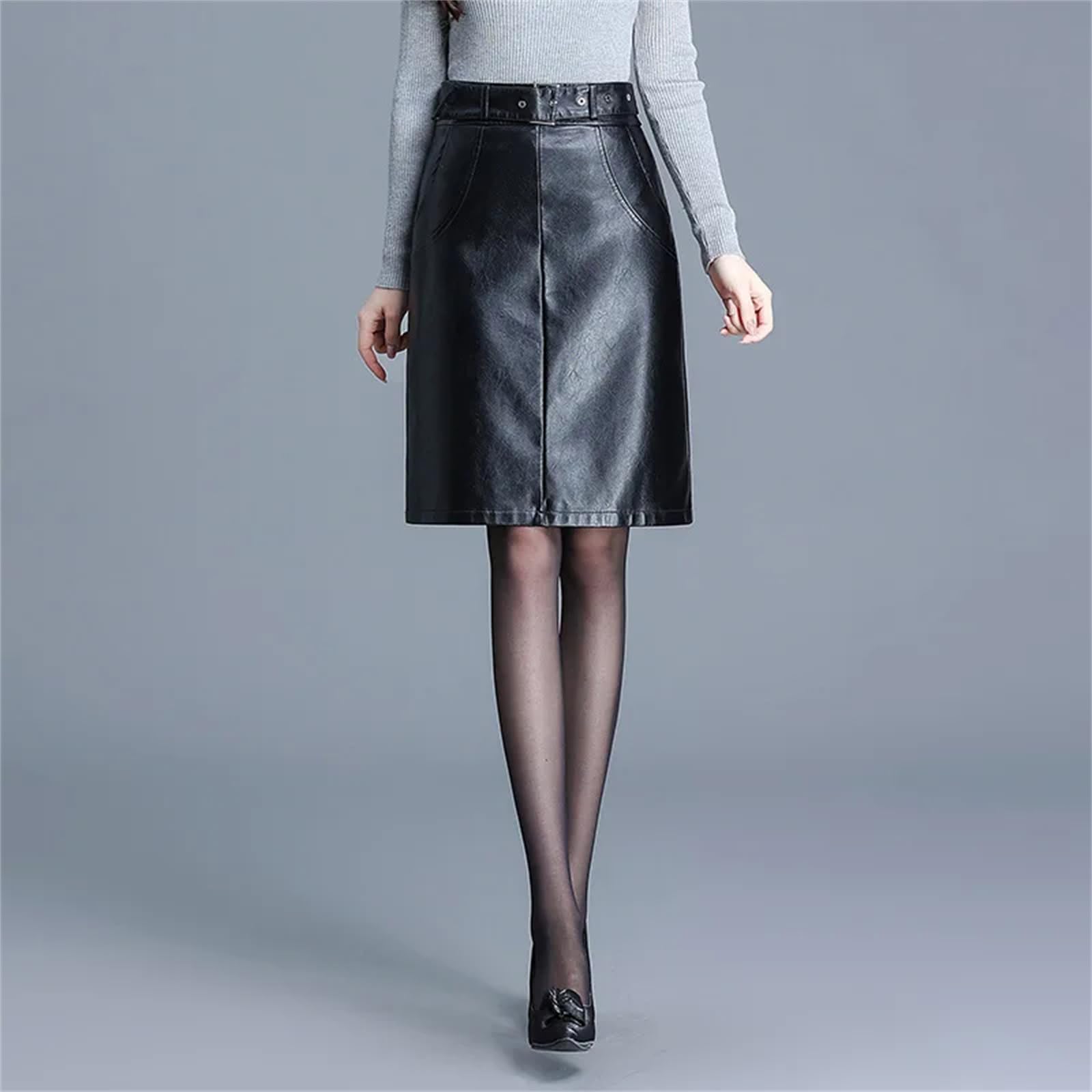 Falda corta de invierno para mujer, cintura alta, de piel sintética, falda acampanada, talla grande