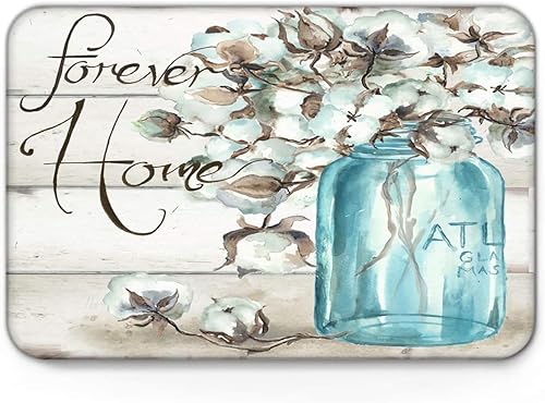 Felpudo de esponja duradera con respaldo de goma para exteriores, antifatiga y de perfil bajo, tarro de masón floral Forever Home, 16 x 24 pulgadas