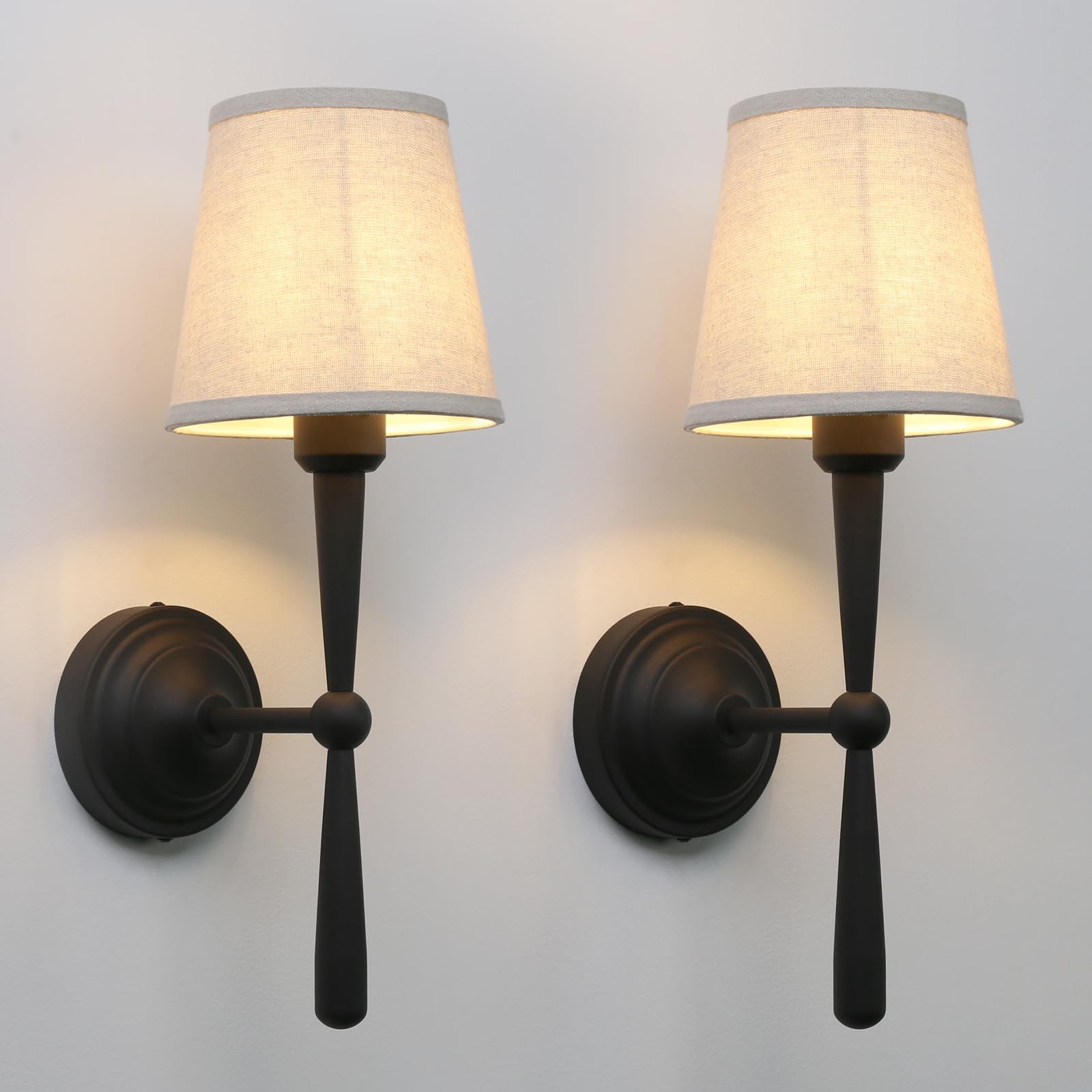 Photo 1 of Yosoan Linen Shade Bedside Vanity Wall Sconce Set of 2, Vintage Industrial Hardwired Boho Indoor Wall Mounted with Funnel Textile for Bedroom Stairwell Hallway Bathroom(Black)