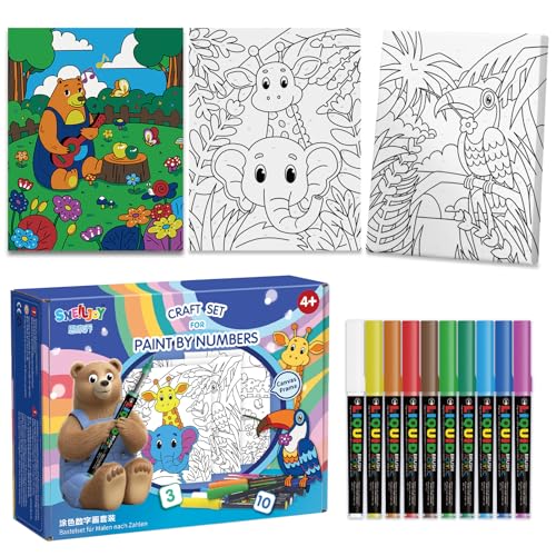 Image of SNEILJOY 3 Packs Paint by Numbers Kit for Kids Ages 4-12 | Framed Canvas, DIY Acrylic Painting Art Set, For Home Decor
