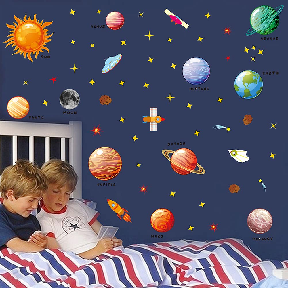 Colorful Outer Space Wall Decals Planet Wall Sticker,Solar System Wall Stickers Galaxy Spaceship Stars and Planet Wall Decor for Kids Boys Explorer Living Room Bedroom Nursery Wall Decoration
