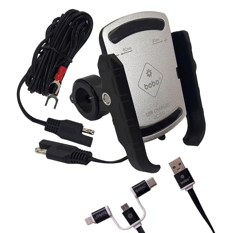 Image of BOBO BM1 PRO Jaw-Grip Waterproof Bike /Motorcycle /Scooter Mobile Phone Holder Mount with Fast USB 3.0 Charger, SAE Connector & Small USB Cable, Ideal for Maps and GPS Navigation (Silver)
