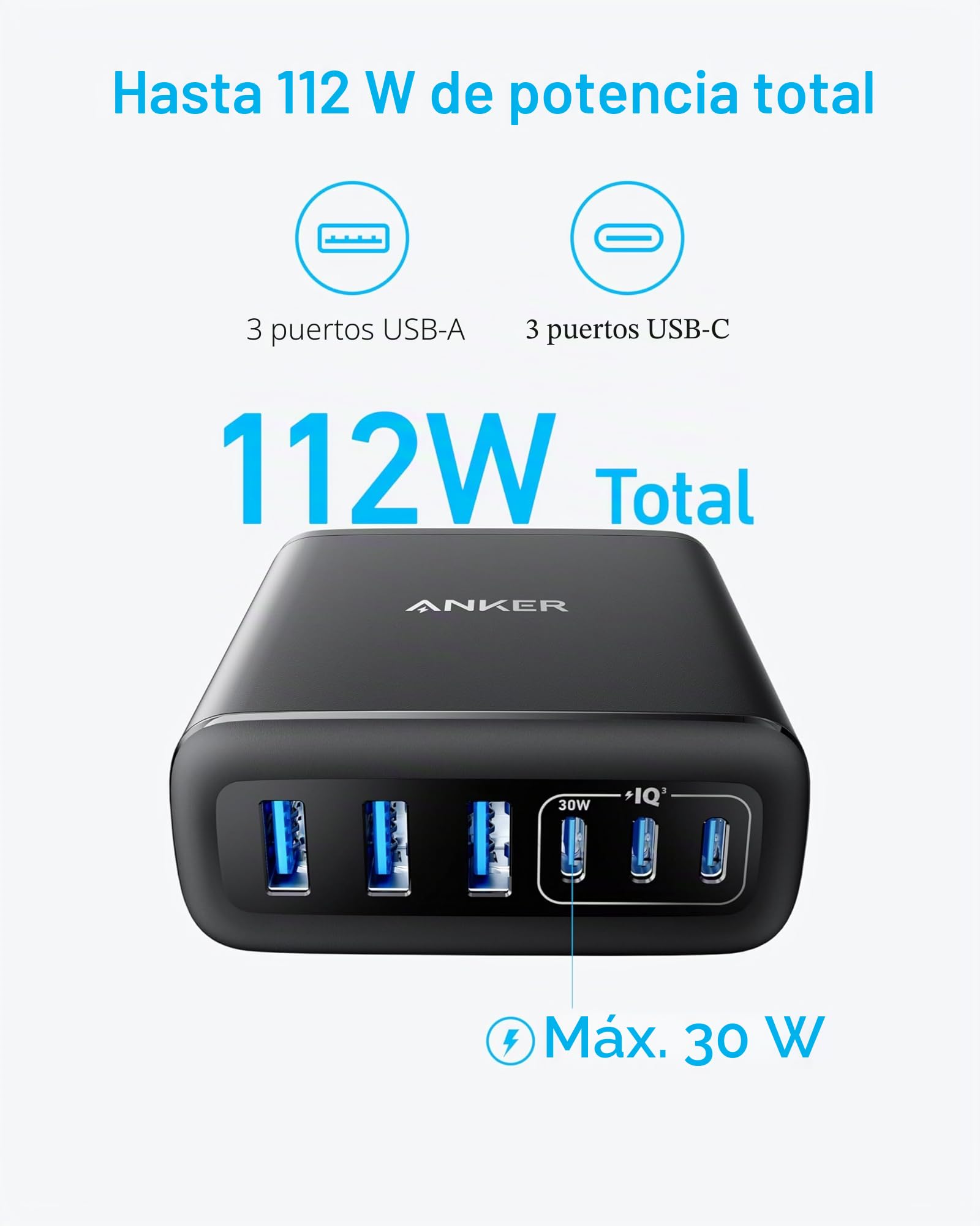 Anker Cargador USB-C, Estación de Carga de 6 Puertos con Salida de 112 W, para iPhone 16/16 Plus/16 Pro/16 Pro Max/15/14/13 Series, MacBook Air, Pixel, Galaxy, iPad y Más (Cable no Incluido)