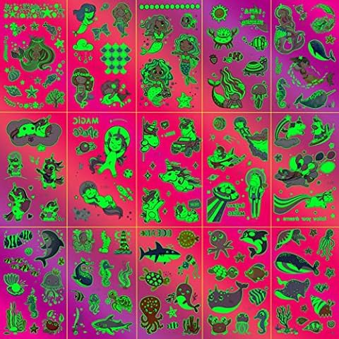 Moheer 15 Sheets Glow In The Dark Temporary Tattoos For Kids Baby, Luminous Unicorn Mermaid Sea Shark Fake Tattoos For Girls Child, Cartoon Flash Temp Tattoos Birthday Children's Day Gift Party Favors Cover