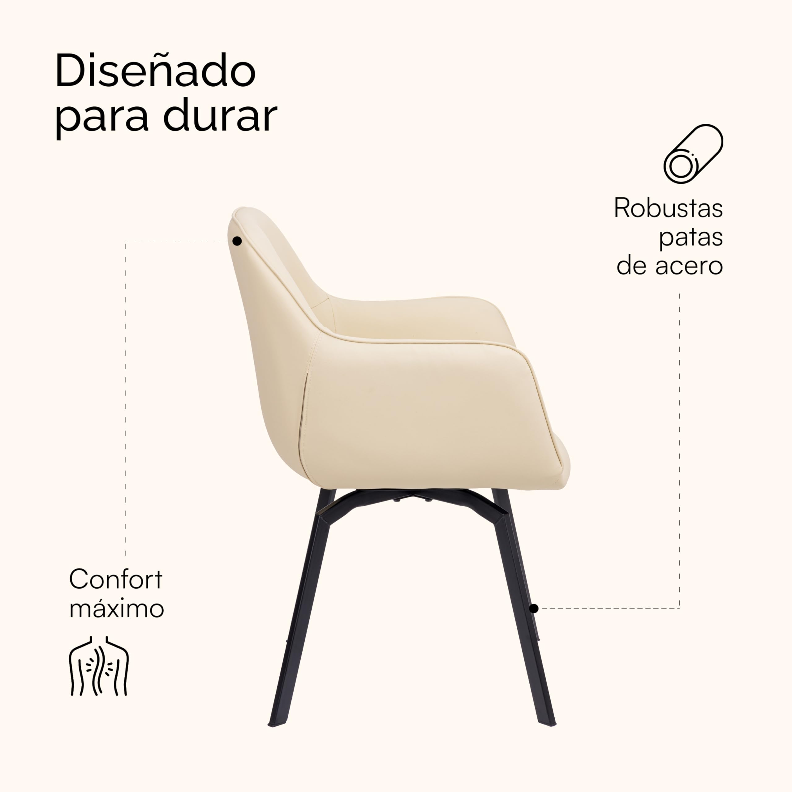 Baroni Home Sillón Giratorio Moderno con Reposabrazos y Tapicería de Cuero de Imitación y Patas de Acero Negro, Sala de Estar, Dormitorio, Rincón de Lectura, Beige, 55x85x47 cm