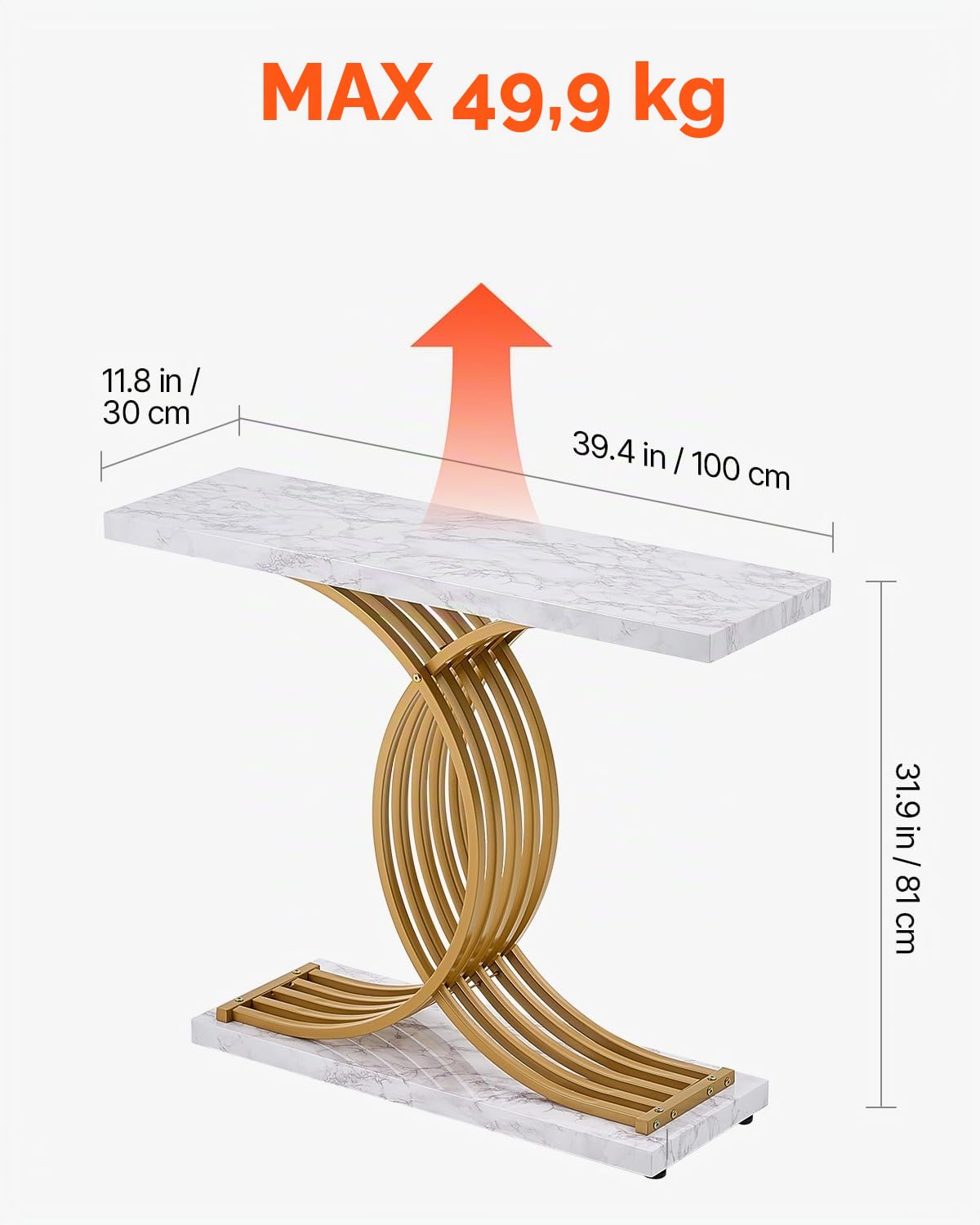 VEVOR Tavolo Stretto Dietro Divano, Tavolino da Ingresso Lungo a 1 Livello e Tavola da Corridoio Sottile, con Struttura in Metallo, per Ingresso, Corridoio, Soggiorno, 100 x 30 x 81 cm