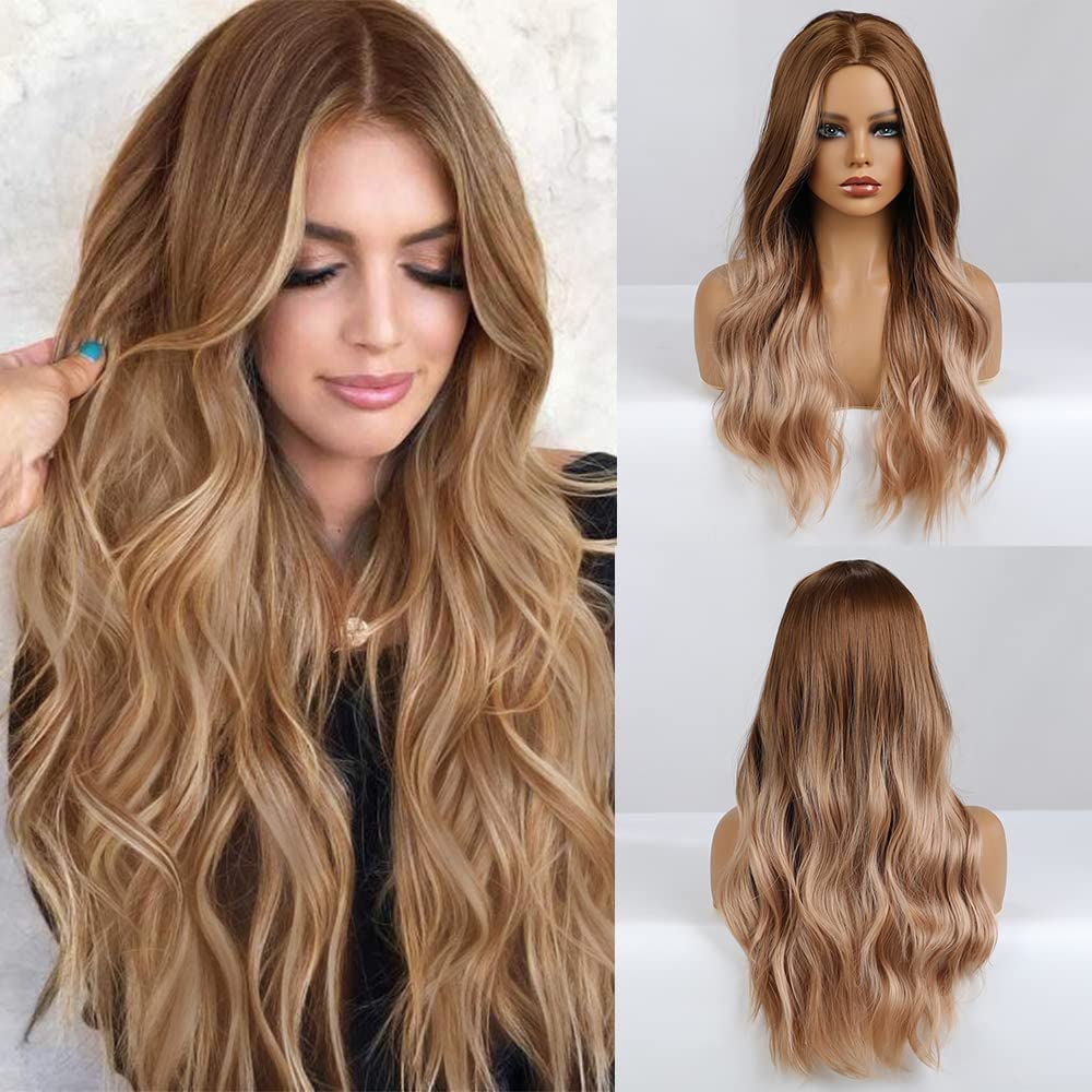 24 Inches Long Wavy Wig Brown ombre Blonde Wigs Cosplay Party Wigs for Women Heat Resistant Fibre for Daily Party Use