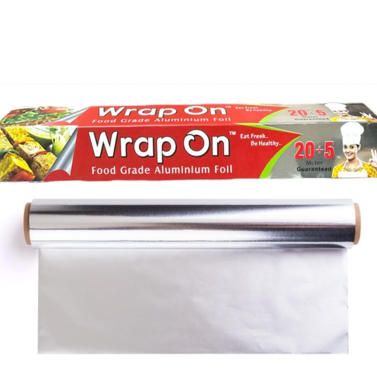WRAP ON Aluminium Foil Paper 25 Meter Roll for Food Packing with Cutter | 11 Micron Thick Food Wrap for Kitchen, Baking, Packing, Storage | Silver Foil Paper Roll