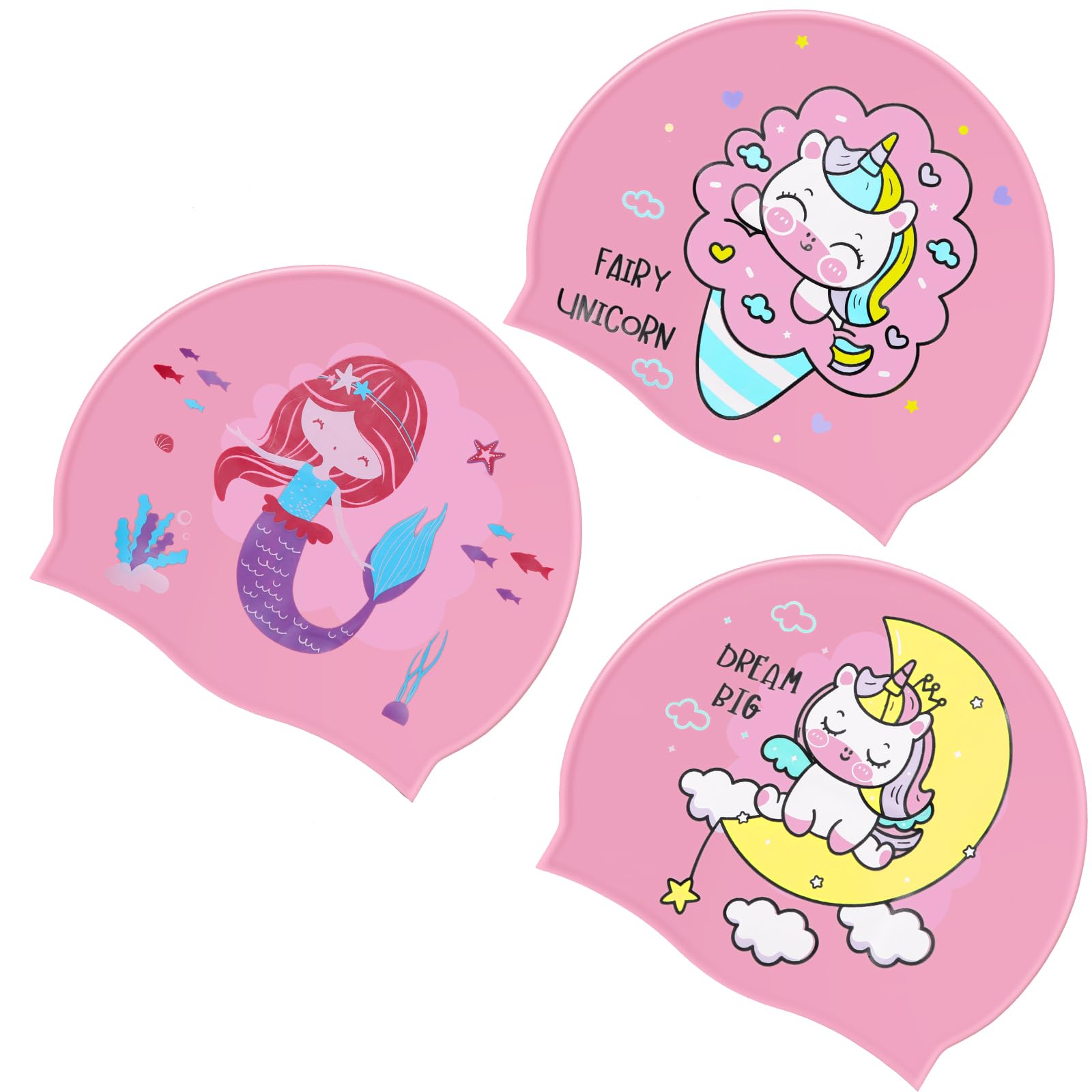 Syhood 3 Pcs Kids Swim Caps Baby Waterproof Bathing Caps Children Cartoon Swimming Hat for Long Short Hair Kids Boys Girls