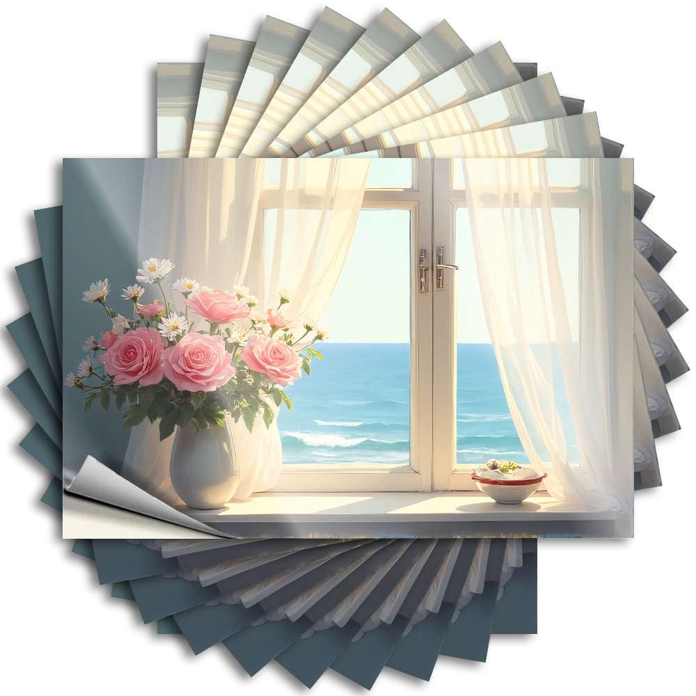Tattoo Affirmation, Tiki Cover Flowers On The Windowsill Overlooking The Ocean. | Men Bedroom Decor(6X9CM)