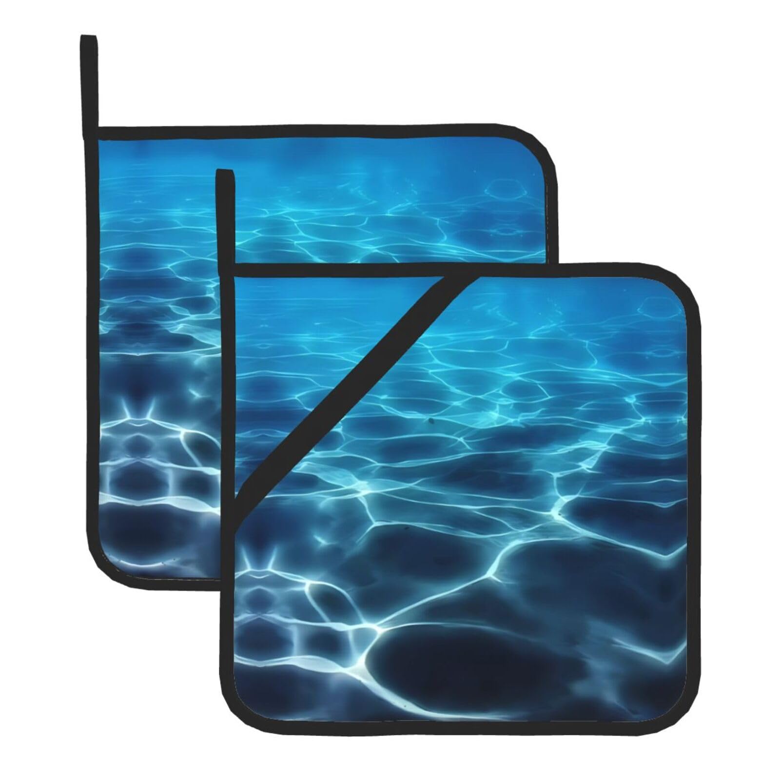 WHJDPP Blue Deep Ocean Prints Square Hot Pads for Kitchen - Waterproof Pot Holders Set of 2, Durable Trivets with Pocket & Hanging Loop for Hot Dishes & Oven Use