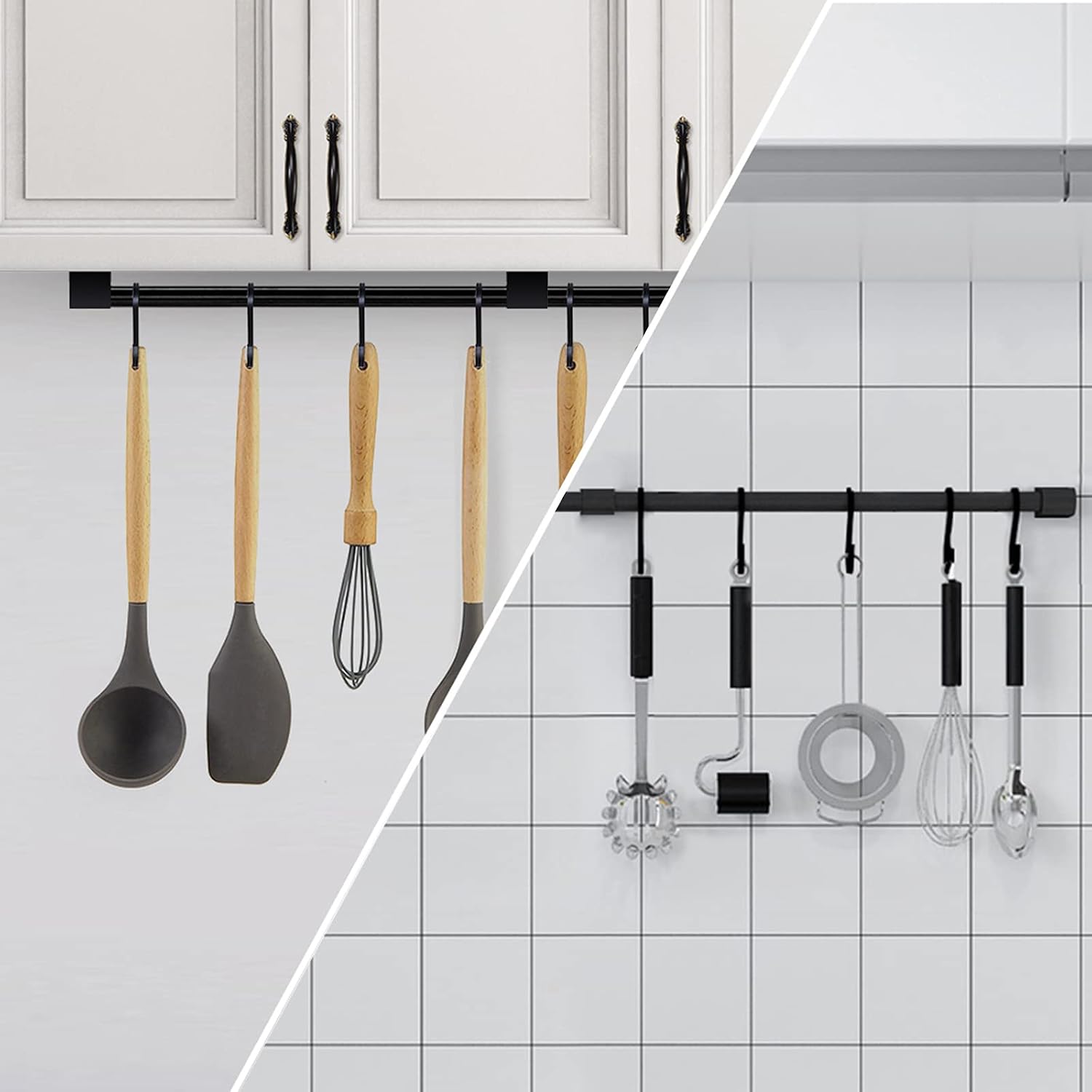 KAIYING Kitchen Utensil Rack with Removable S Hooks for Hanging Pots and Pans, Rod Hooks for Mugs, Wall Mounted Kitchen Rail Organizer, Aluminum,(Black-5 Hooks)
