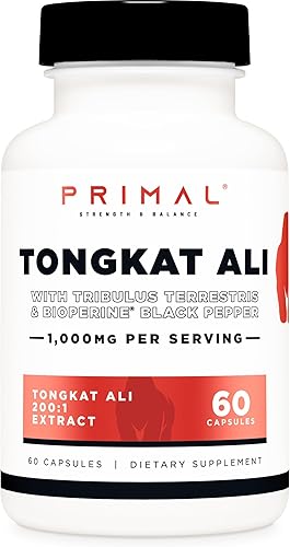 Primal Cápsulas Tongkat Ali (60 cápsulas30 porciones, 1,000 mg por porción), suplemento largo Jack para hombres, sin gluten, suplemento nutricional