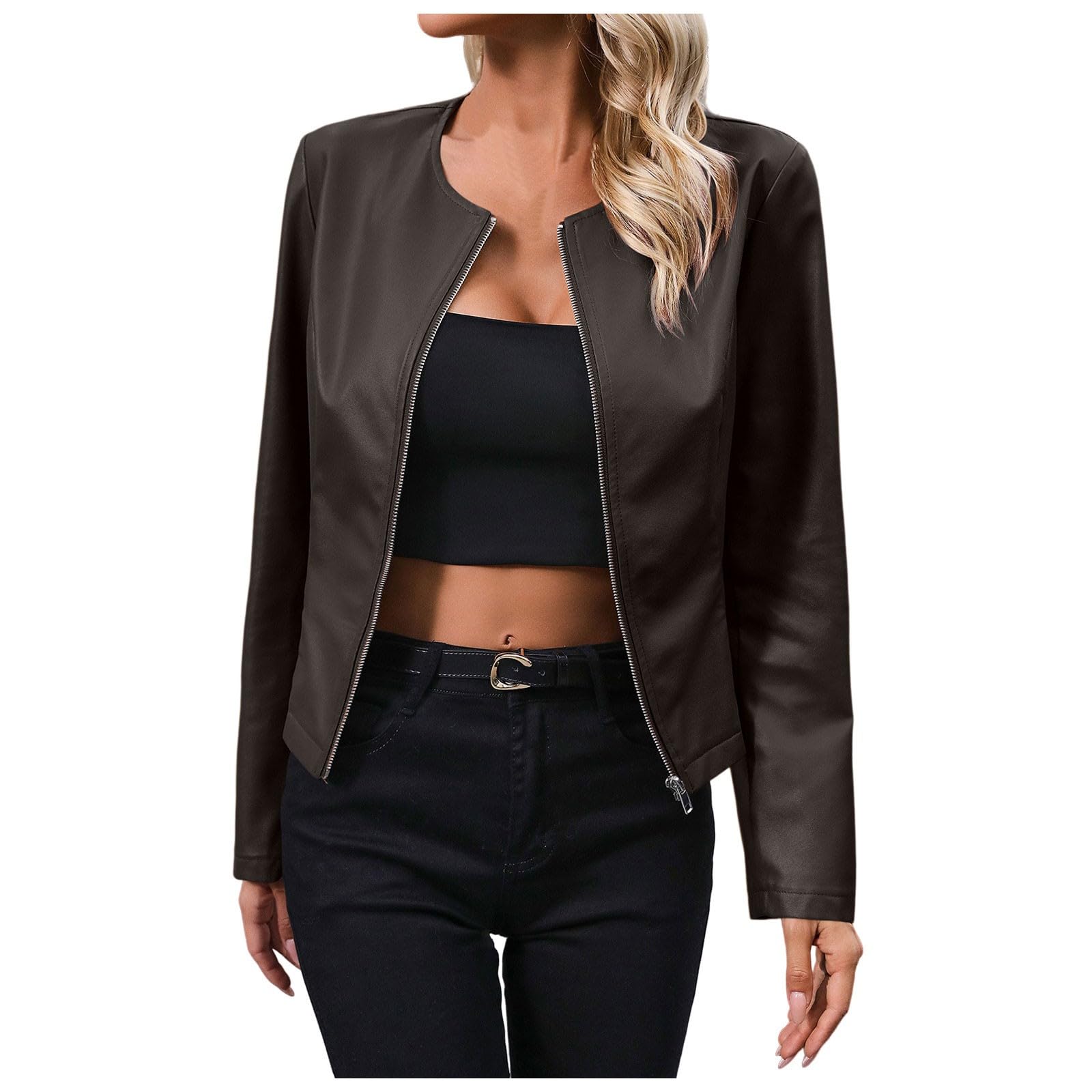 Cappotto in pelle sintetica resistente da donna, elegante giacca con cerniera, vestibilità aderente e design moderno, per abbigliamento professionale o casual