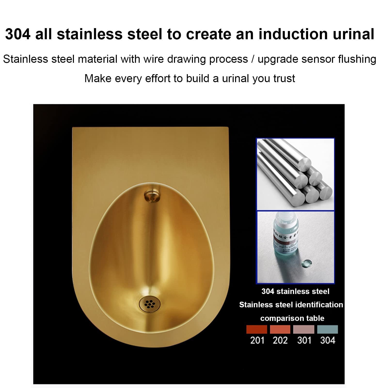 Urinario de pared de acero inoxidable 304 para hombre, diseño moderno, inodoro público, sistema de drenaje eficiente, ideal para uso doméstico y comercial