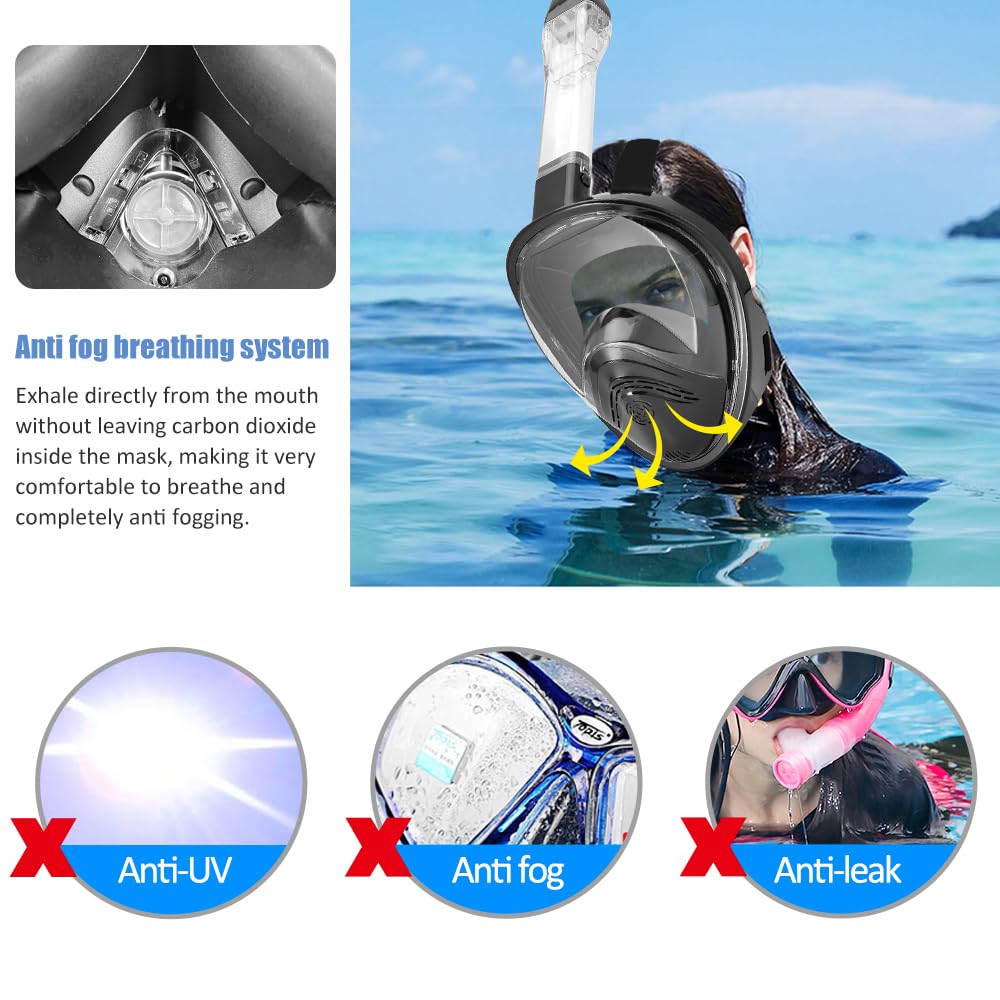 Maschera integrale da snorkeling a 180°, design a doppia sfera galleggiante, anti-perdite, sistema di respirazione anti-appannamento, maschera professionale per snorkeling