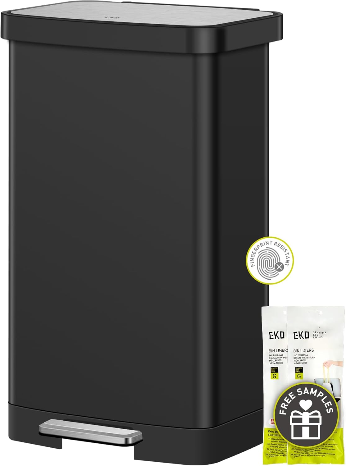 EKO Hudson Matte Stainless Steel 75 Liter/20 Gallon Large Kitchen Trash Can, Tall Step Garbage Can with Rear Bag Storage Compartment (Matte Black) 75 Liter - Matte Black