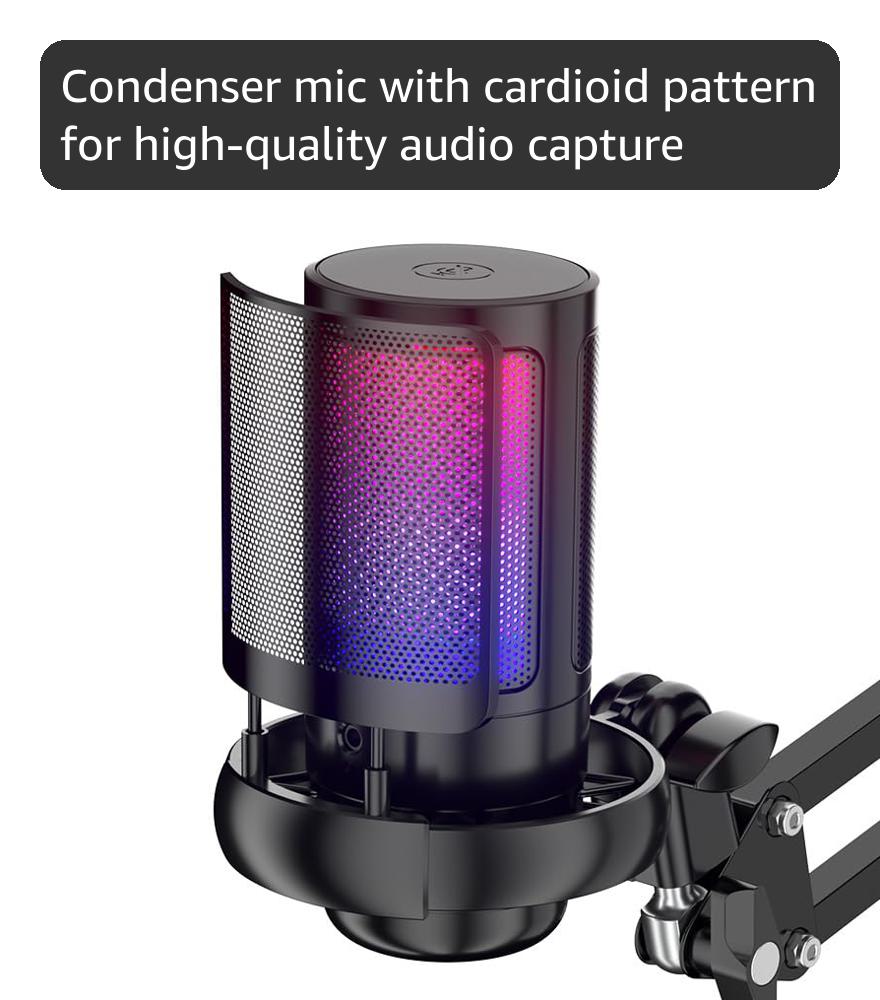 USB Microphone USB à condensateur, RGB Microphone Gaming, Une touche muet,Le bouton contrôle le