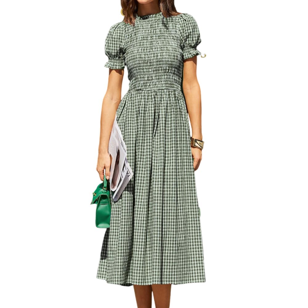RIHOAS Women Shirred A-Line Midi Dress Summer Dresses Puff Short Sleeve Smocked Flowy Ruffle Boho Beach Sundress