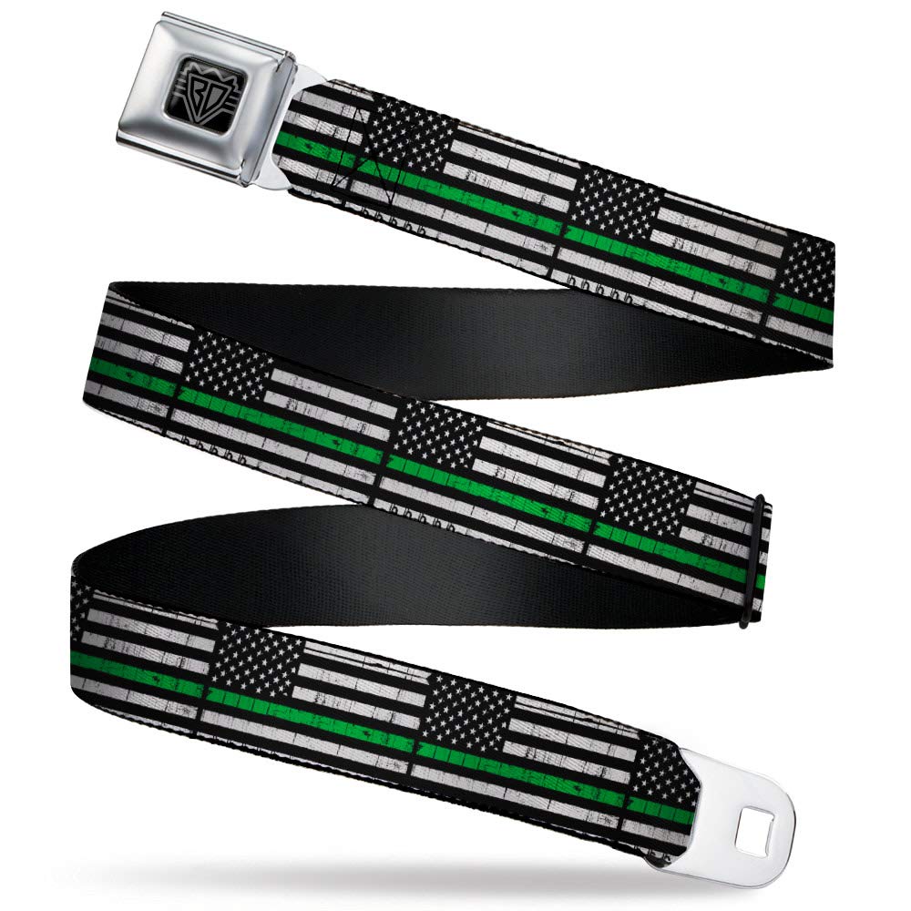 Buckle-Down Belt, Seatbelt Buckle Belt, Thin Green Line Flag Weathered Black Gray Green, 32 to 52 Inches