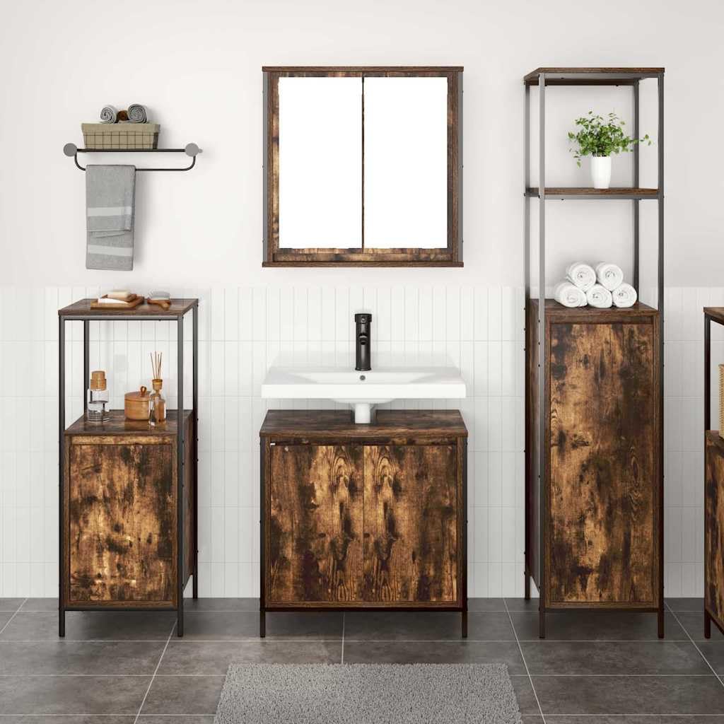Juego de 3 piezas de lavabo con armario para lavabo de roble ahumado, 36 x 35 x 165 cm, moderno mueble de baño para pequeños baños e invitados