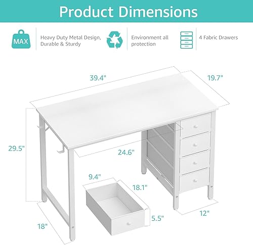 Miniatura 3 de Lufeiya Small White Desk with Drawers for Bedroom, 40 Inch Kids Girls Study Desks, Reversible Computer Writing Nail Table with Fabric Drawer for