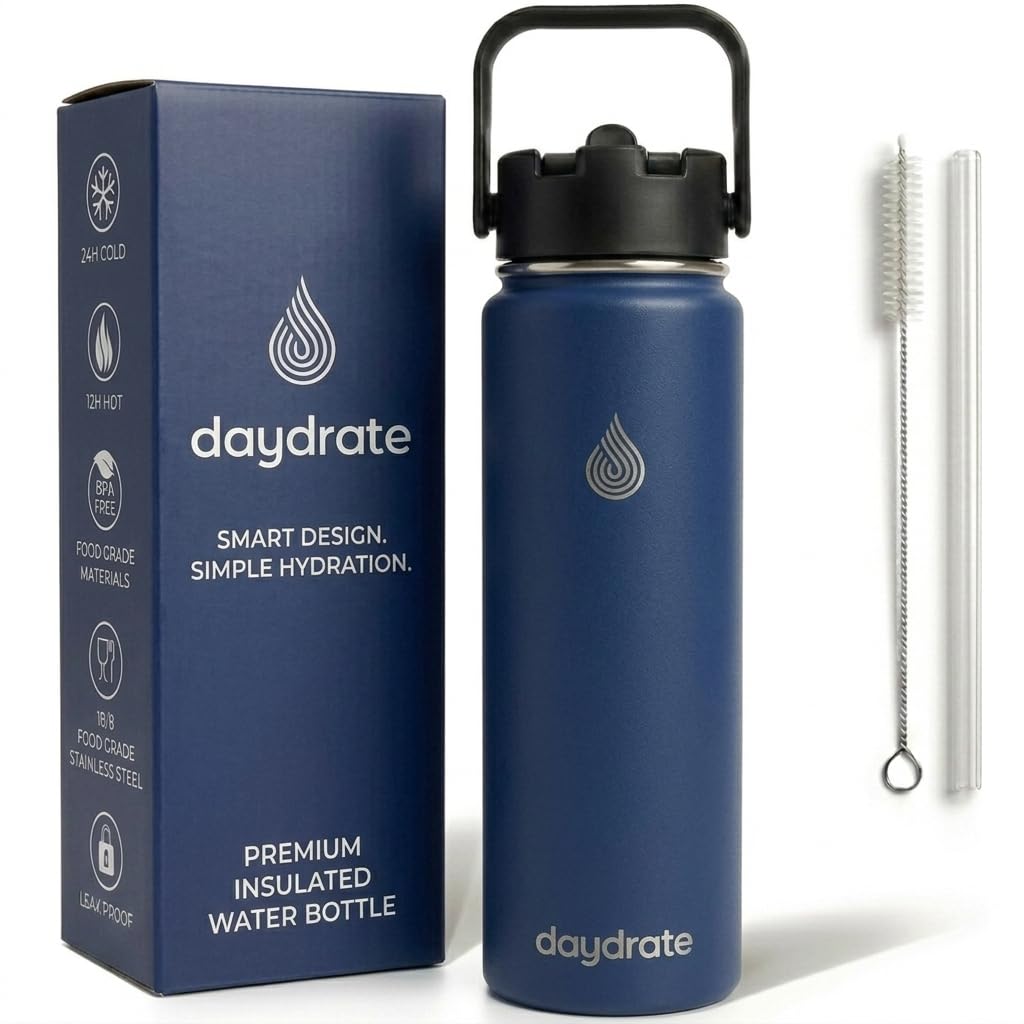 Insulated Metal Water Bottle with Straw 750ml- Stainless Steel Water Bottle, BPA Free, Dual Lid Straw & Spout, Leakproof, 24 Hours Cold & Hot, Work, Travel, Gym Bottle for Men & Women - Grey- Daydrate — view 9