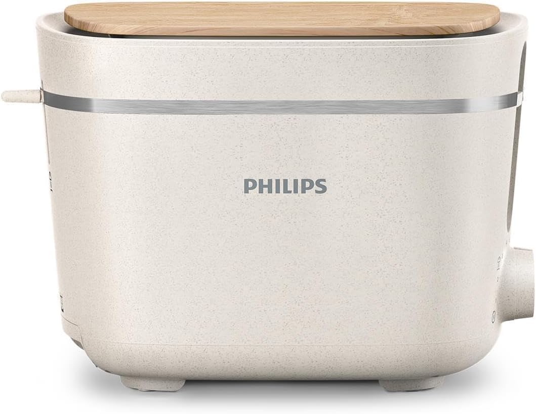 Philips Tostapane Eco Conscious, Plastica Bio al 100%, 8 Livelli di Doratura, Scaldapanini Integrato, Raccoglibriciole Rimovibile, Crema (HD2640/10)