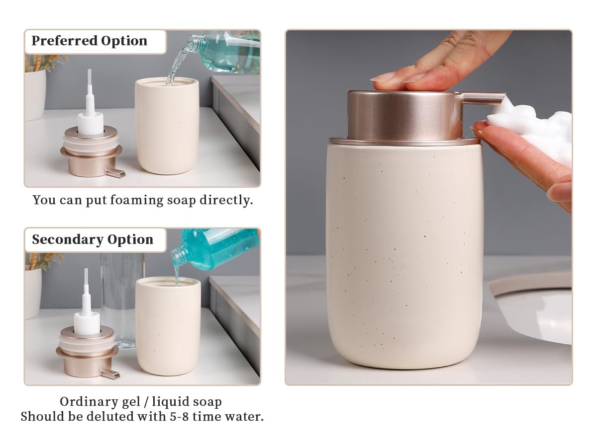 BosilunLife Set di 4 accessori da bagno in ceramica – Set di sapone da bagno, dispenser per schiuma, portasapone, portaspazzolino/bicchiere, barattolo per cotton fioc (beige tascabile, schiuma)