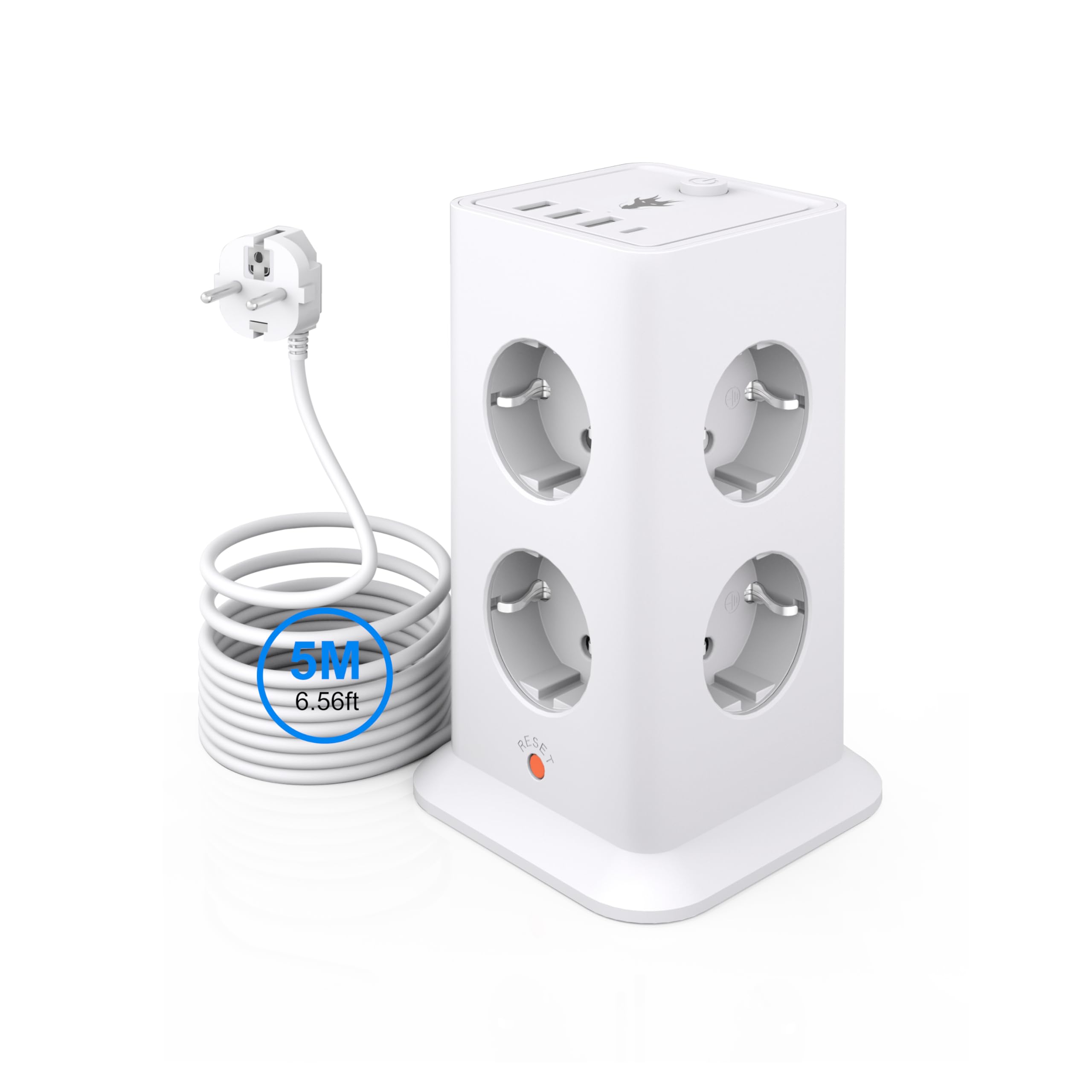 5M Ciabatta Elettrica Multipresa,8 Prese ITA e Schuko,3USB‑A+1USB‑C Bianco | Presa multipla torretta verticale 16A 3680W, interruttore generale, protezione sovratensione, cavo prolunga lungo