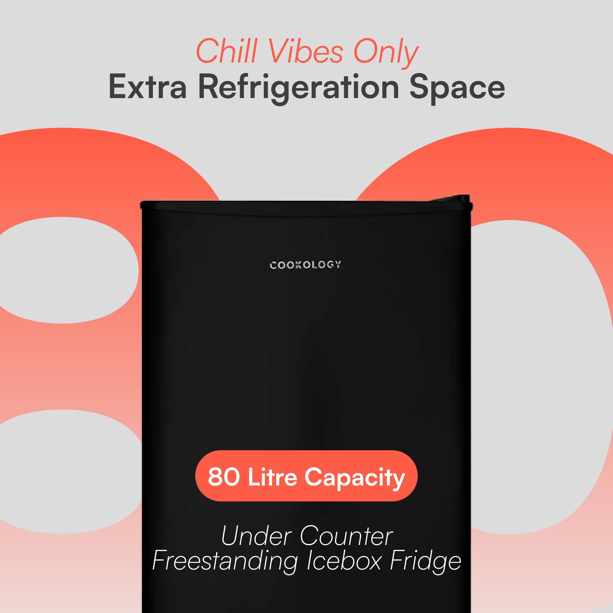 Cookology UCIB80 Under Counter Freestanding Fridge in Black - 80 Litre Capacity - Adjustable Temperature Control & Legs - Reversible Door and Ice Box — view 2