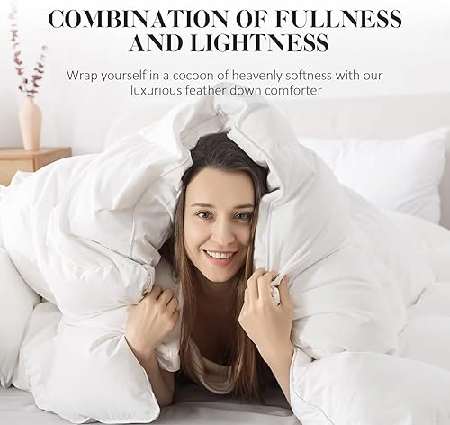 Miniatura 4 de WhatsBedding Edredón de plumas tamaño Queen blanco, relleno de plumas y plumón, relleno de edredón para todas las estaciones, edredón de lujo estilo