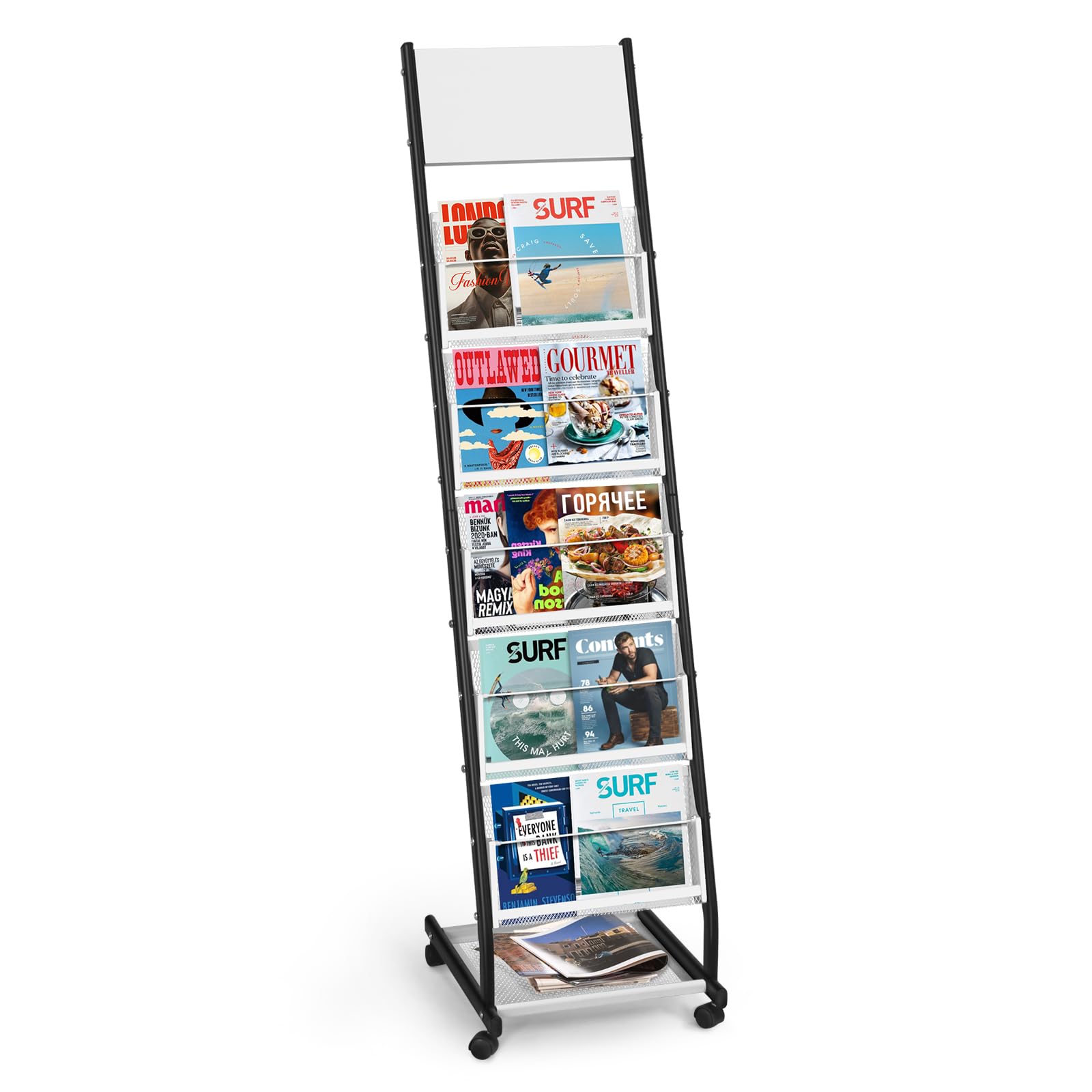 SUNDOY Portariviste su ruote a 5 livelli, espositore per riviste e cataloghi su piedistallo, supporto mobile per ufficio, fiere, casa e casa (5 strati, larghezza 32,5 cm)