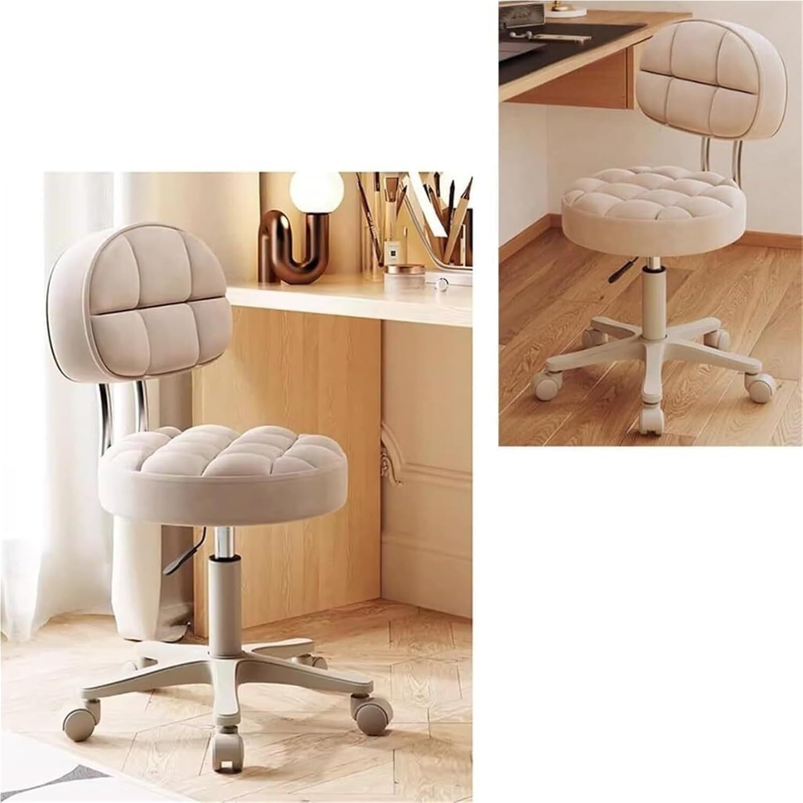 Taburete rodante con Respaldo y Ruedas, Silla de tocador giratoria hidráulica de Cuero PU, Altura Ajustable(Beige)