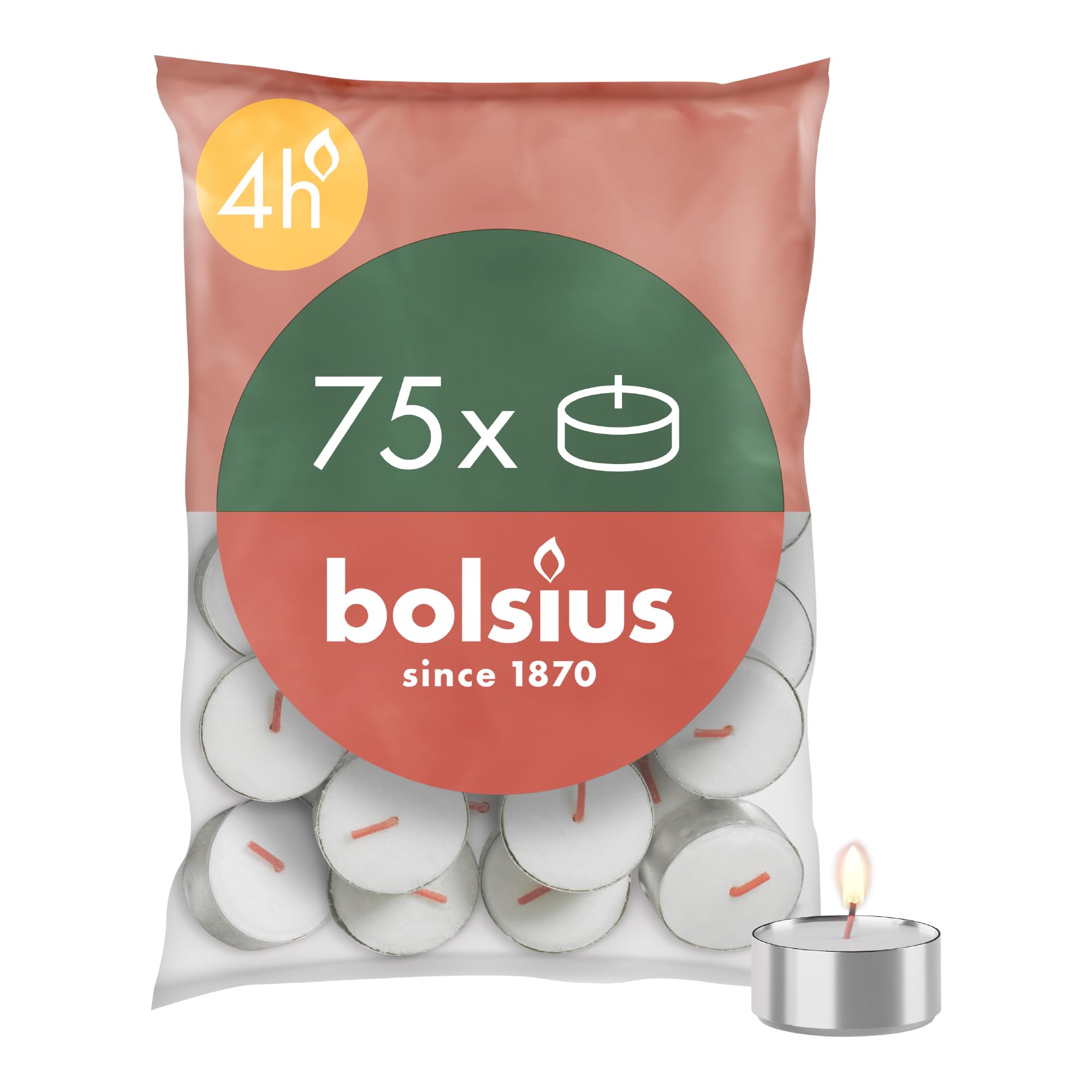 Bolsius D-Light Tea Lights - Pack of 75 - in Bag - Length Burning Time 4 Hours - Decorative Household Candles - White - Contains Natural Plant Wax - Without Palm Oil