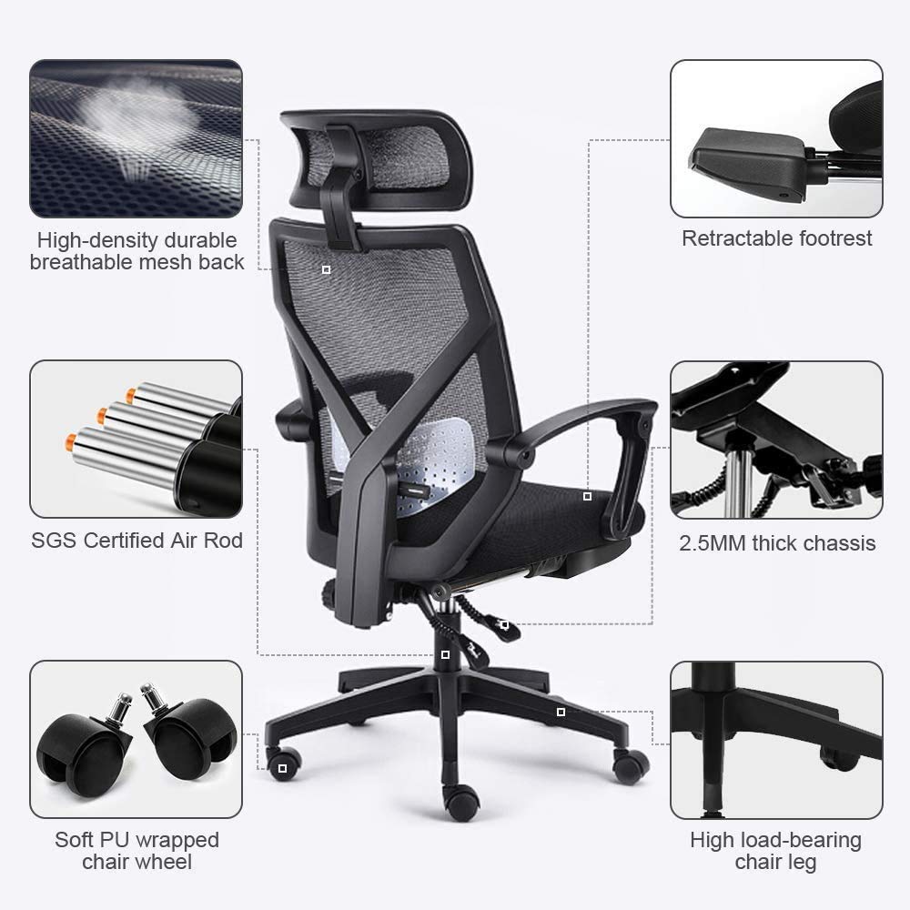 Dripex Ergonomic Office Chair with Footrest, 140° Adjustable Desk Chair